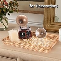 Vista 6 de Rectangle Rattan Tray with Mother of Pearl Inlay, Rattan Serving Tray with Handle for Coffee, Bread, Fruits, Snacks, Decorative Wicker Tray for
