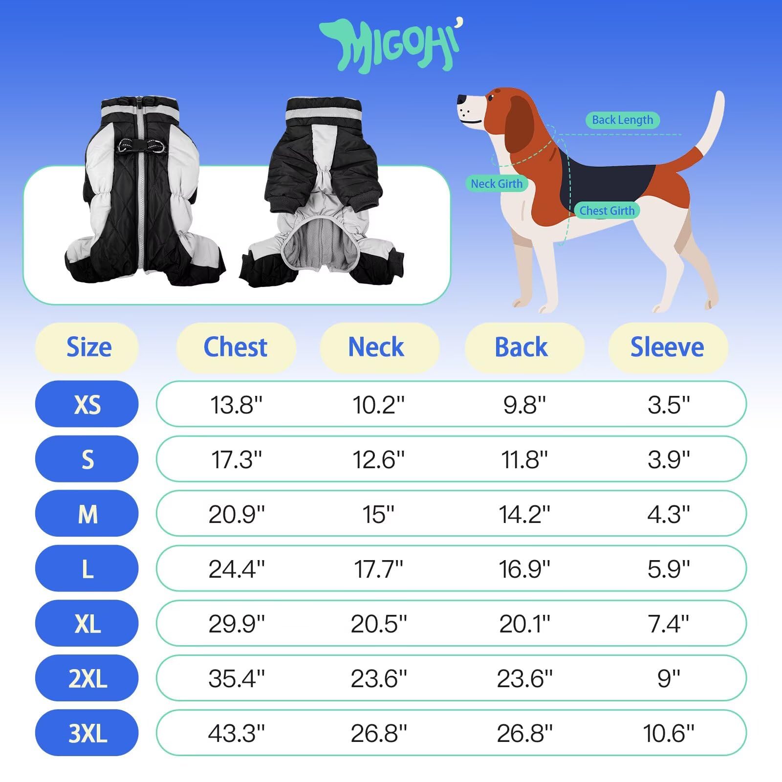 MIGOHI Abrigo de cuerpo completo para perro, abrigo de invierno cálido reflectante con arnés, chaqueta de forro polar de cuello alto para perros pequeños, medianos y grandes, traje de nieve