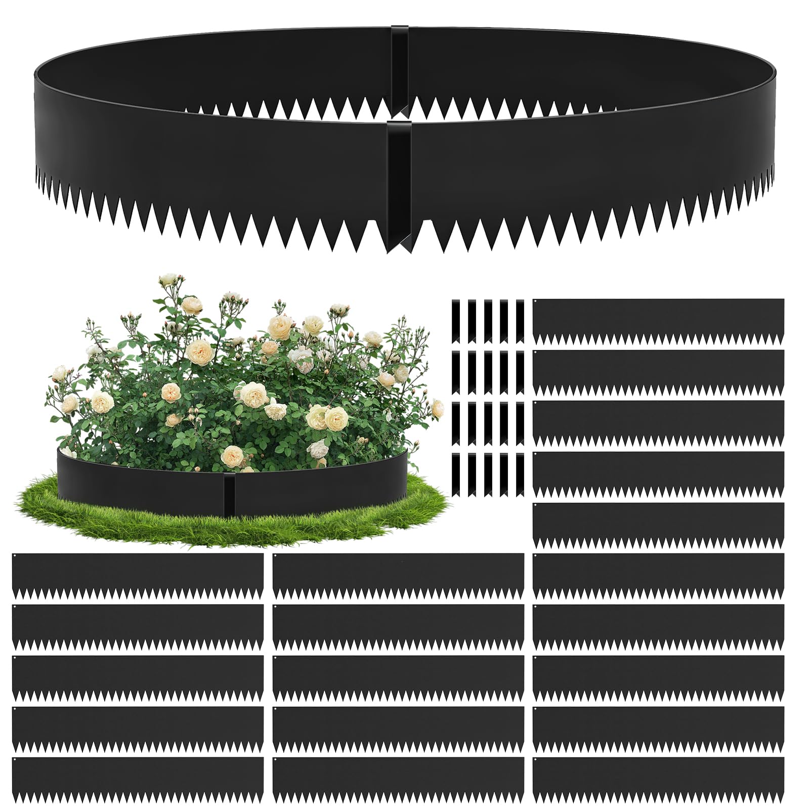 papasbox 20-Pack Lawn Edging, 107.5 * 20cm Heavy Duty Lawn Edging, Flexible Garden Edging, Corten Steel lawnedging border, metal lawnedging-No-Dig Hammer-in-Black Grass Landscaping Pathway Edge Strip