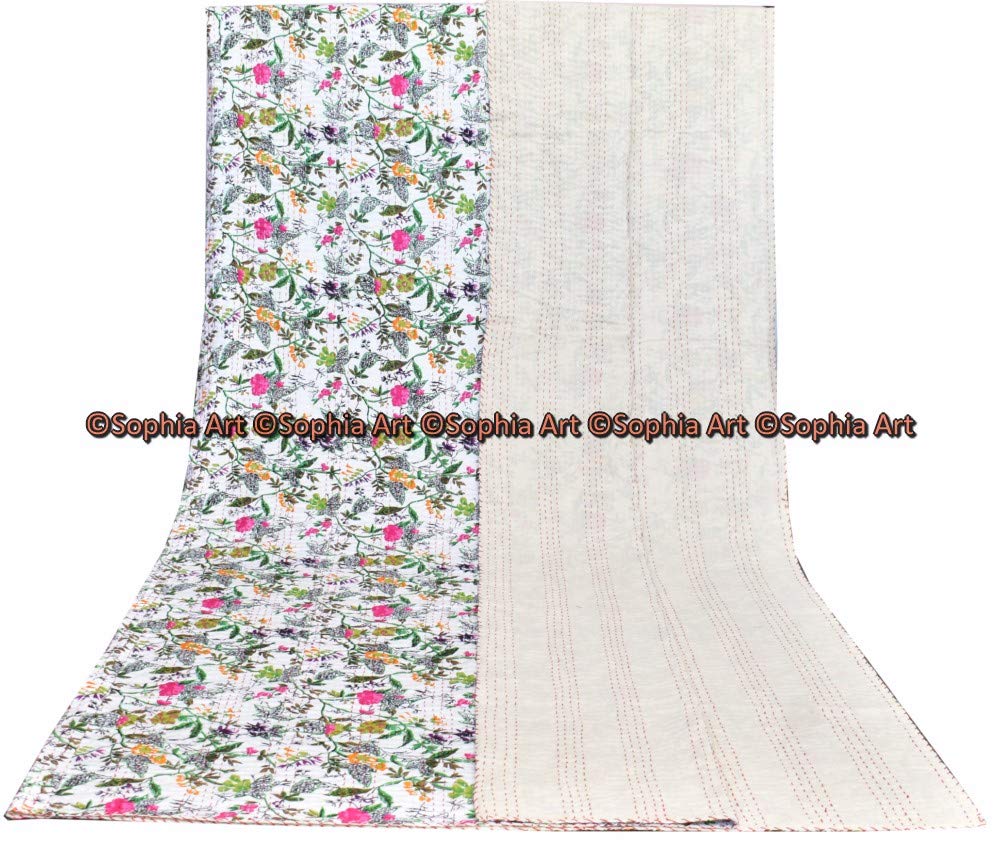 Sophia-Art Indyjski podwójny / król ptak rajski nadruk Kantha kołdra Kantha koc narzuta na łóżko Kantha narzuta na łóżko czeska pościel Kantha koc narzuta (biały, bliźniak 152 * 230 cm)