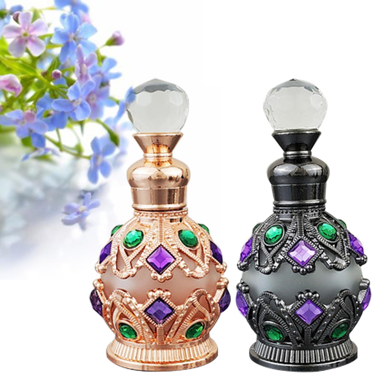 Joyeee Parfumflessen Lege Vintage, 2 Pack 15ml Art Gesneden Kristal Lege Mini Hervulbare Parfumfles, Kerstmis Verjaardagscadeau voor Vrouwen Tieners Familie, Grijs en Rose Goud