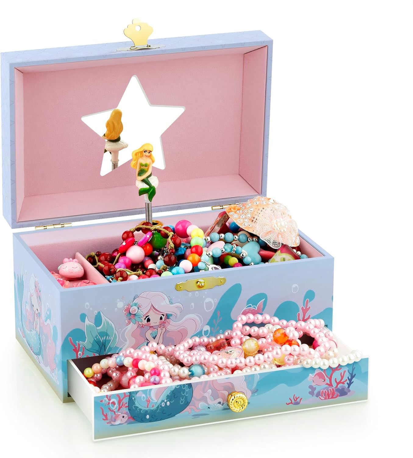 RR ROUND RICH DESIGN Kids Musical Jewelry Box with Storage Drawer and Pretty Jewelry Set with Cute Mermaid Theme - Beautiful Dream Tune Blue