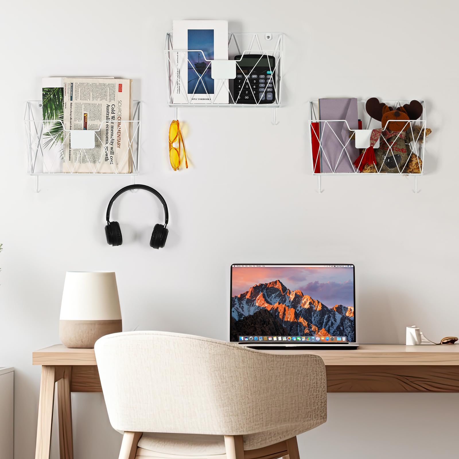 Porta documenti da parete con 6 tasche, organizer da parete, per documenti, appunti e riviste, supporto da parete per ufficio e casa, bianco