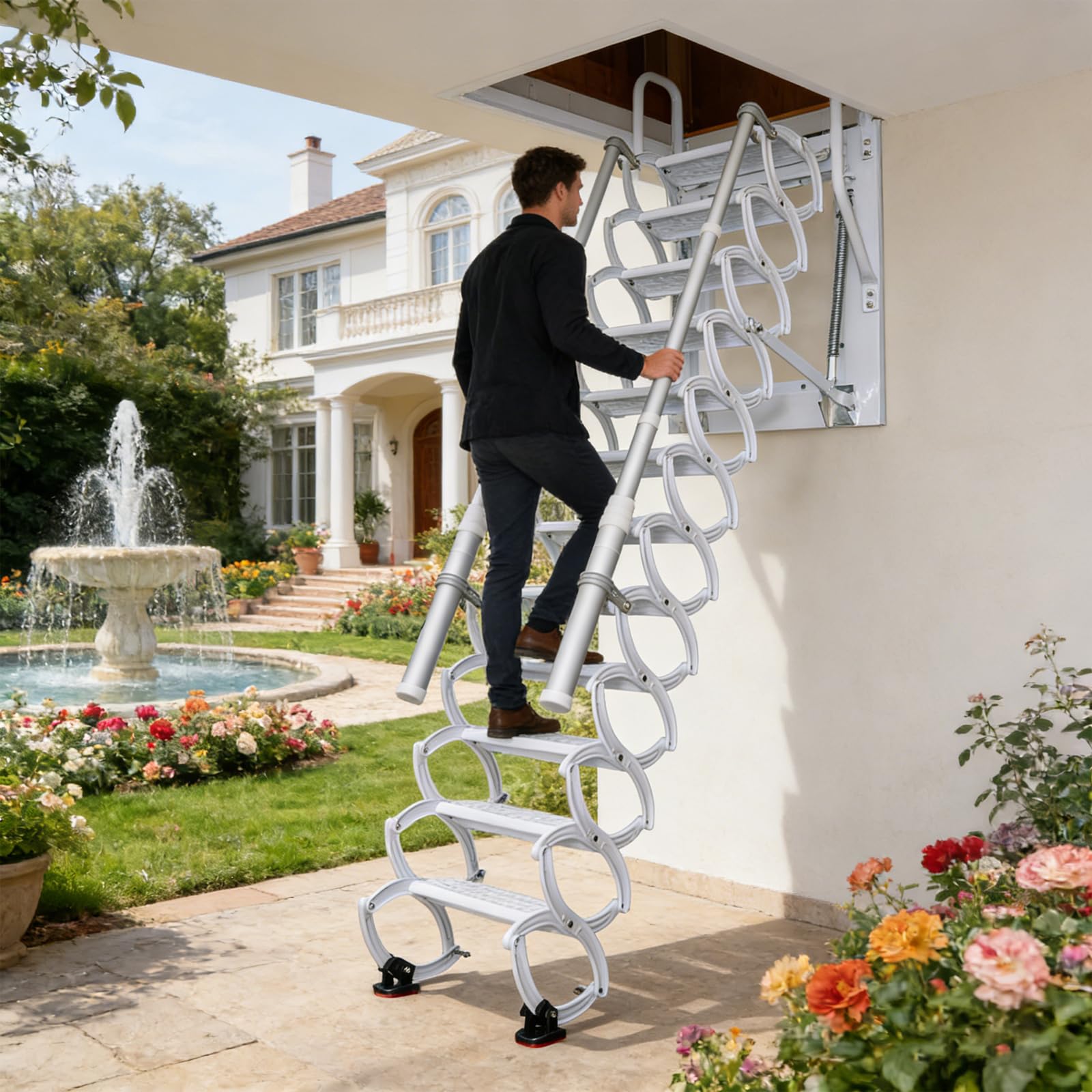 Escalera telescópica para ático montada en la Pared, Escaleras para ático desplegables con reposabrazos, Escaleras de ático de Pared abatibles, Exteriores (Blanco, A-12)