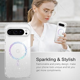 BENTOBEN Magnetic for Google Pixel 10 Pro Case, Clear Crystal Glitter Bling Phone Case Pixel 10 Pro [Compatible with MagSafe], Shockproof Sparkly Cute Women Girl Cover for Pixel10 Pro, Glitter Clear