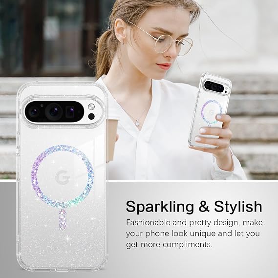 BENTOBEN Magnetic for Google Pixel 10 Pro Case, Clear Crystal Glitter Bling Phone Case Pixel 10 Pro [Compatible with MagSafe], Shockproof Sparkly Cute Women Girl Cover for Pixel10 Pro, Glitter Clear