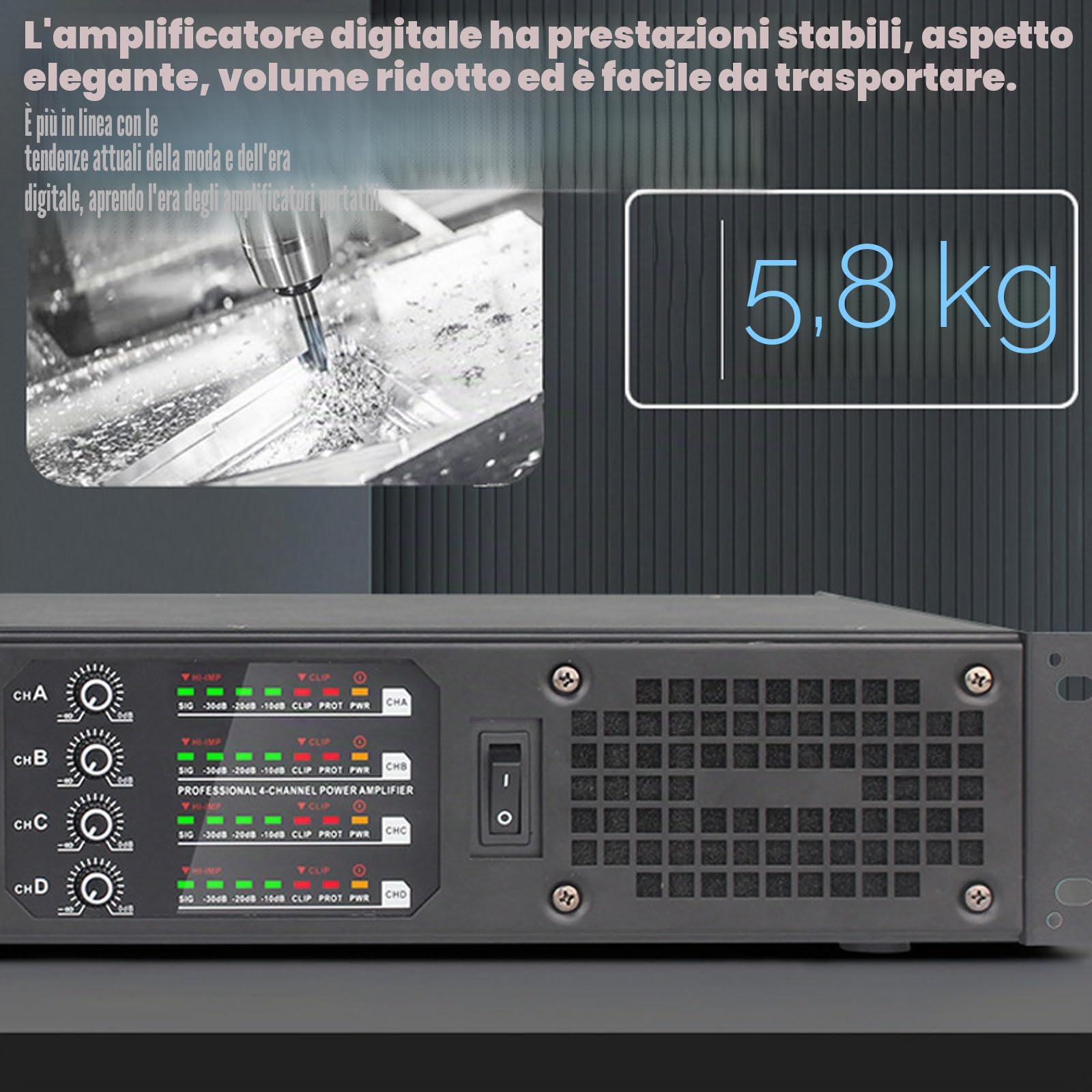 Amplificatore Audio Professionale da 1000 W X 4, Amplificatore di Potenza per La Casa con Luci a Spettro LED, Uscita Indipendente a 4 Canali, 2 Ventole di Raffreddamento, per Casa