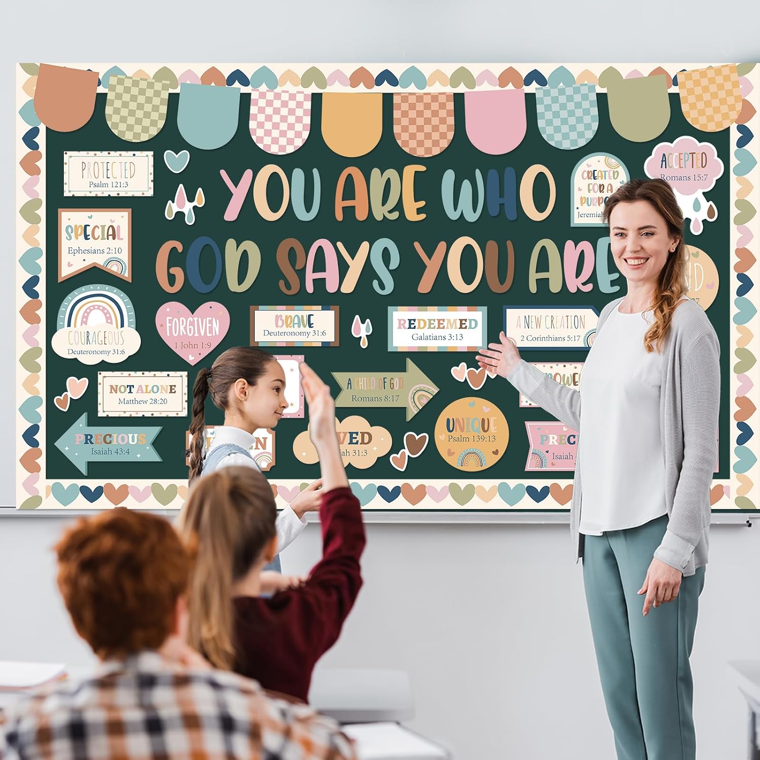 Boho Christian Bulletin Board Set Boho Rainbow Motivational Classroom Decorations God Says You are Religious Inspirational Cutouts for Sunday School VBS Home Church Chalkboard Wall Door Decor image 4