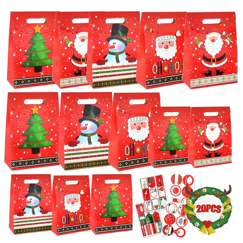 Immagine del prodotto Sacchetti Regalo Natale, YYDSXK 20 Pezzi Buste Regalo Natale con 30 Adesivi Natalizi, Sacchetto Regalo Natale Piccoli Medi, Sacchetti Biscotti Natale per Regalo di Natale Compleanno