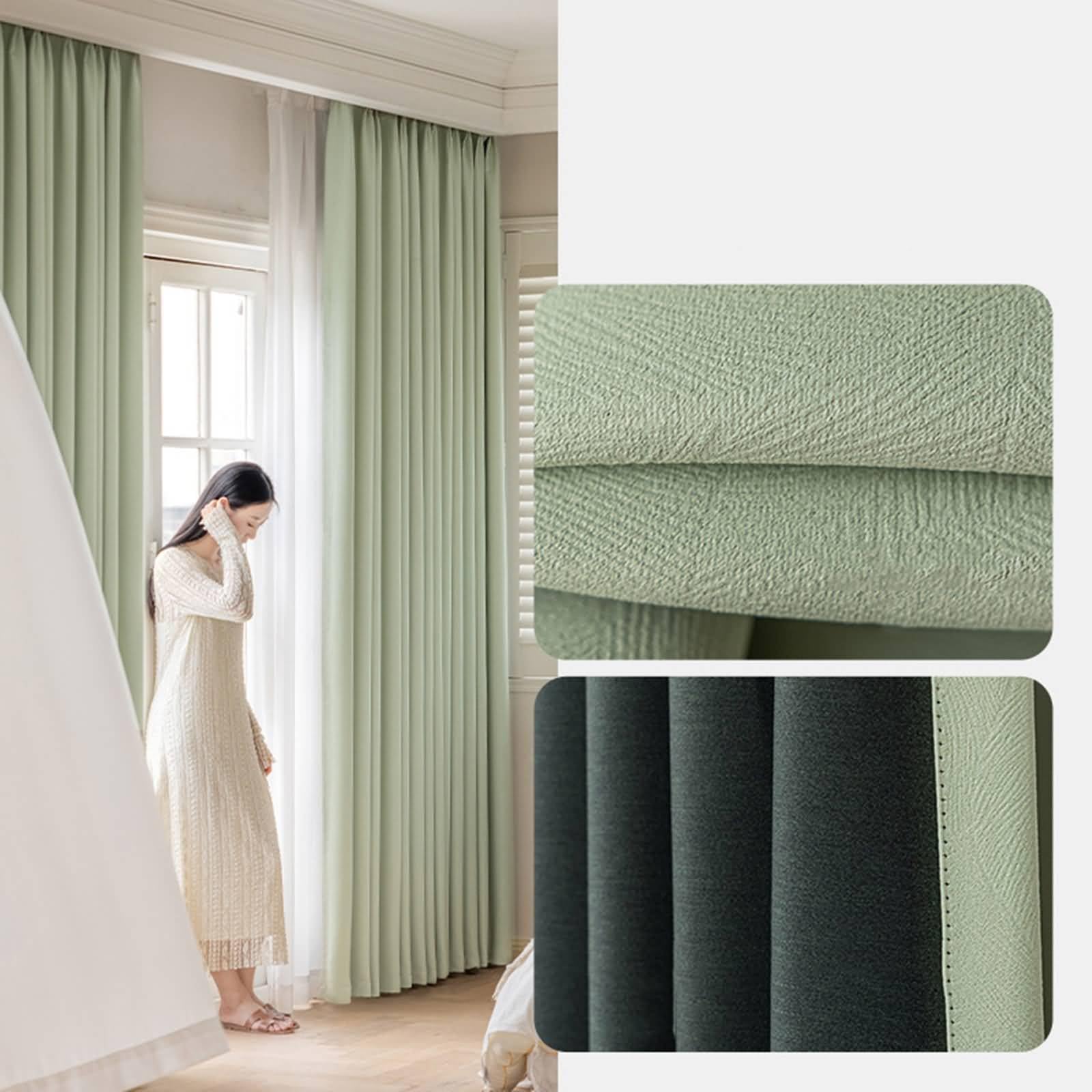 2 Panneaux Rideaux Occultant, Rideau Occultant Thermiques Polyester à Crochets Uni Épaissir avec Texture de Feuilles Fenetre Rideau Chambre Salon Intérieurs Vert Clair, 107L x 115H cm