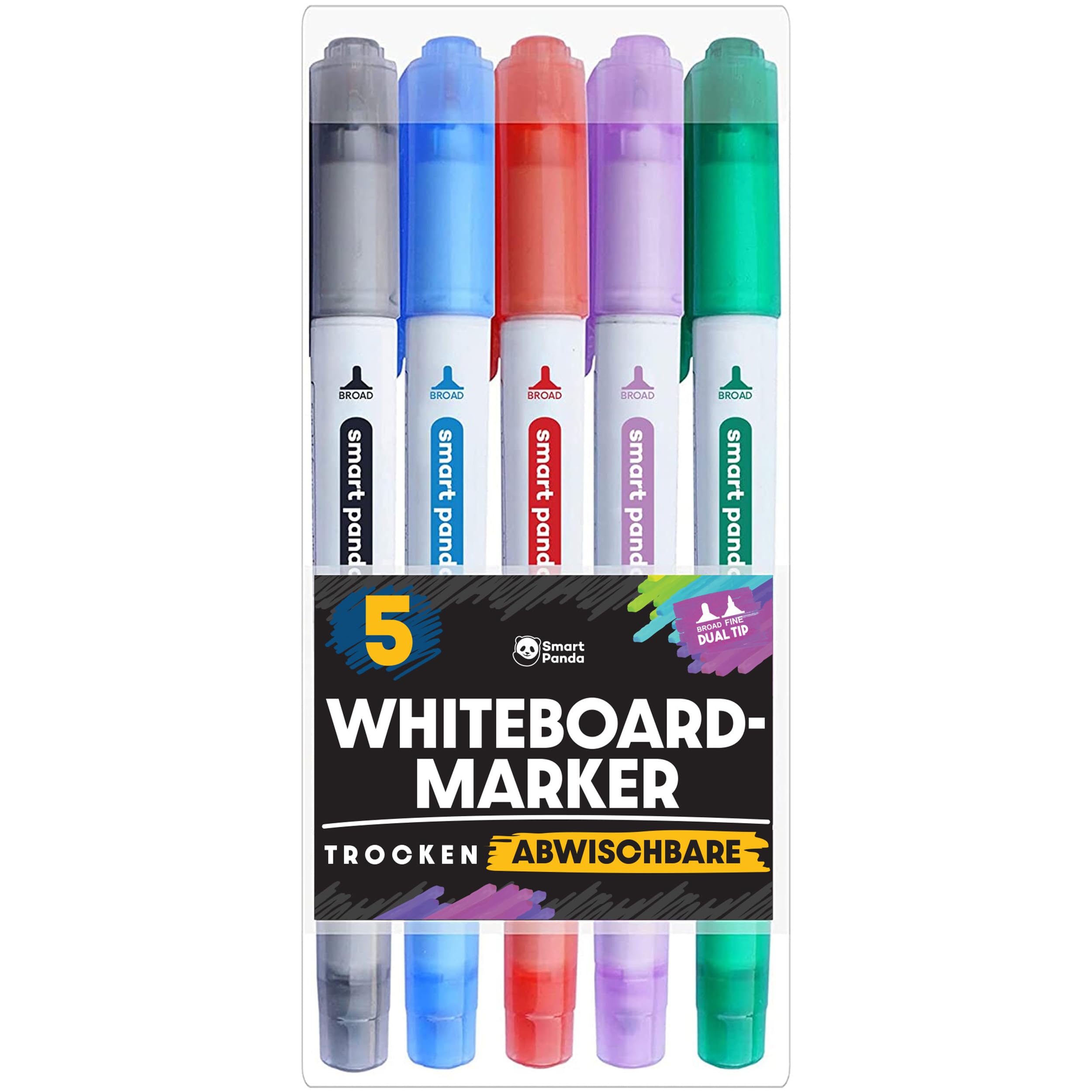Whiteboard Marker von SmartPanda – Whiteboard Stifte, Folienstift Abwischbar - Doppelspitze, Medium und Fein – Abwischbare Stifte, non Permanent Marker, Whiteboardmarker – 5 Set