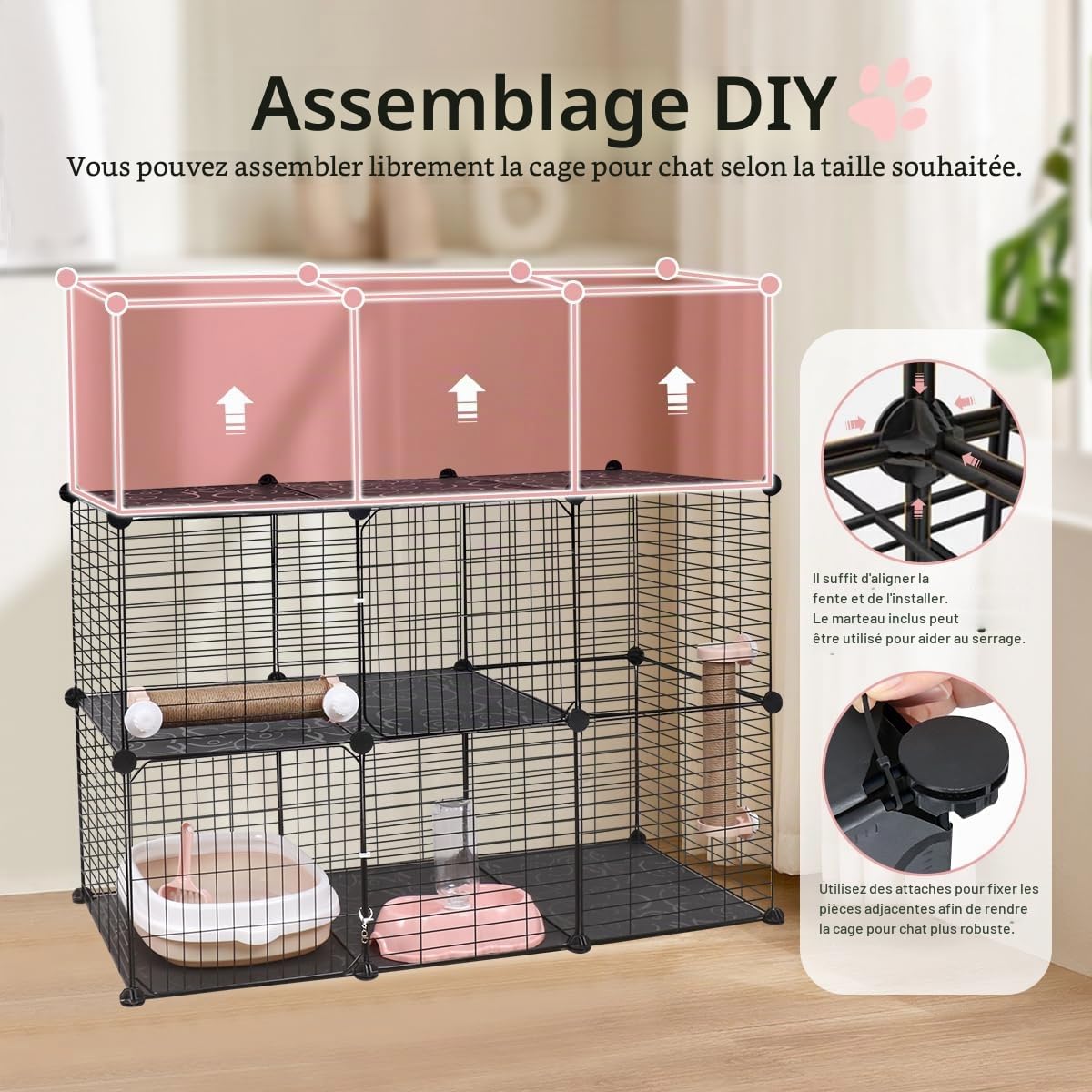 Cage pour Chats Intérieur 3 Niveaux avec Hamac, Maisonnette en Fil Métallique, Bac à Litière, Griffoirs et Escaliers pour 1-2 Chats