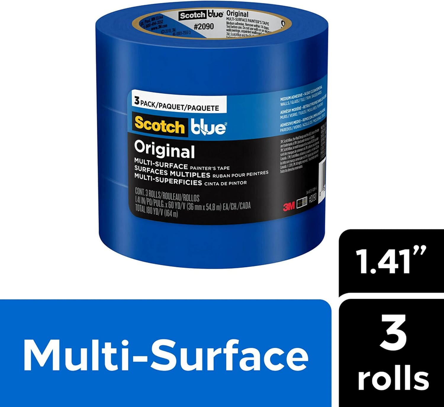 ScotchBlue Original Multi-Surface Painter's Tape, Blue, Paint Tape Protects Surfaces and Removes Easily, Multi-Surface Painting Tape for Indoor and Outdoor Use, 1.41 Inches x 60 Yards, 3 Rolls