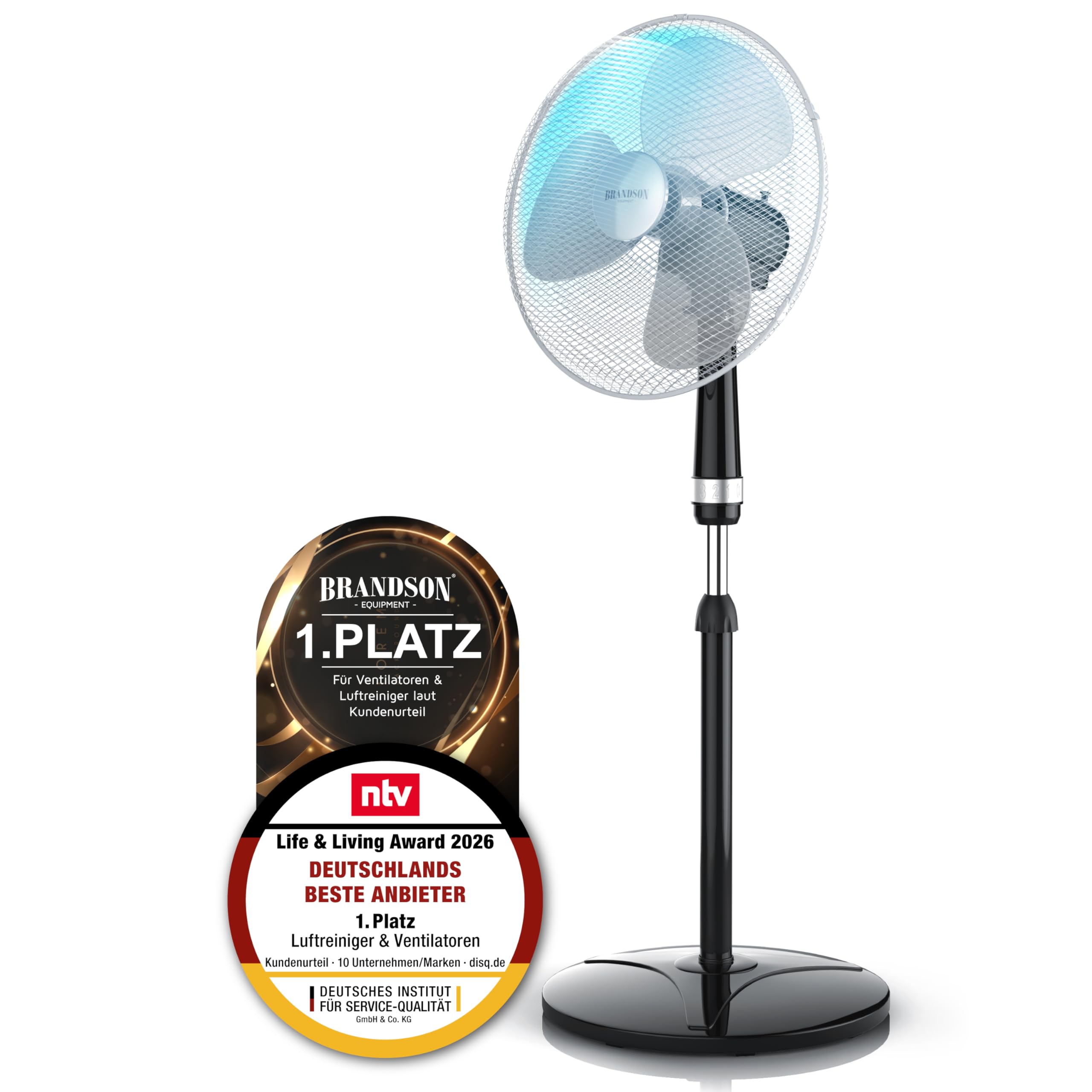 Brandson Standventilator 40cm höhenverstellbar 122cm mobiler Lüfter 3 Geschwindigkeitsstufen Oszillationsfunktion 80°