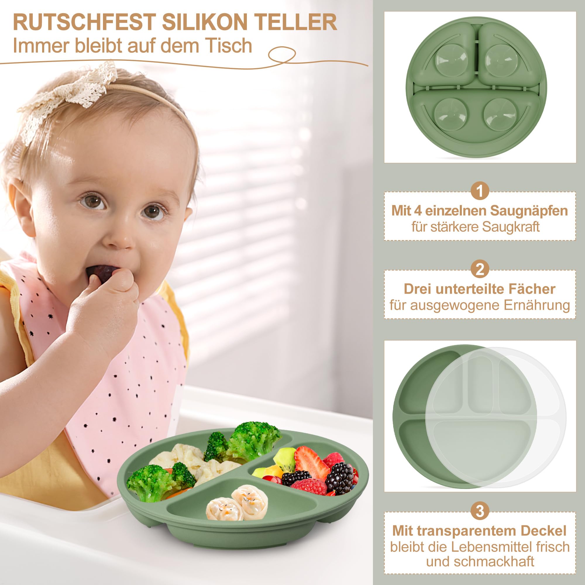 2 Assiettes Bébé Silicone Avec Ventouse - Lot Avec Couverts Et Couvercle