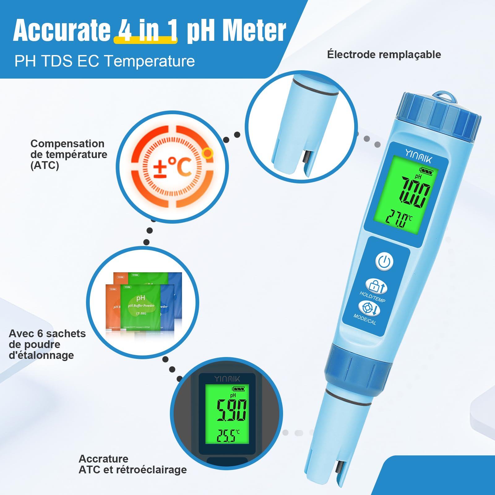 YINMIK Testeur pH EC TDS 4 en 1, pH-Mètre Digital | Mesure pH, EC, TDS, T° simultanés, Pour Hydroponie, Piscine, Spa, Aquarium, Avec Précision