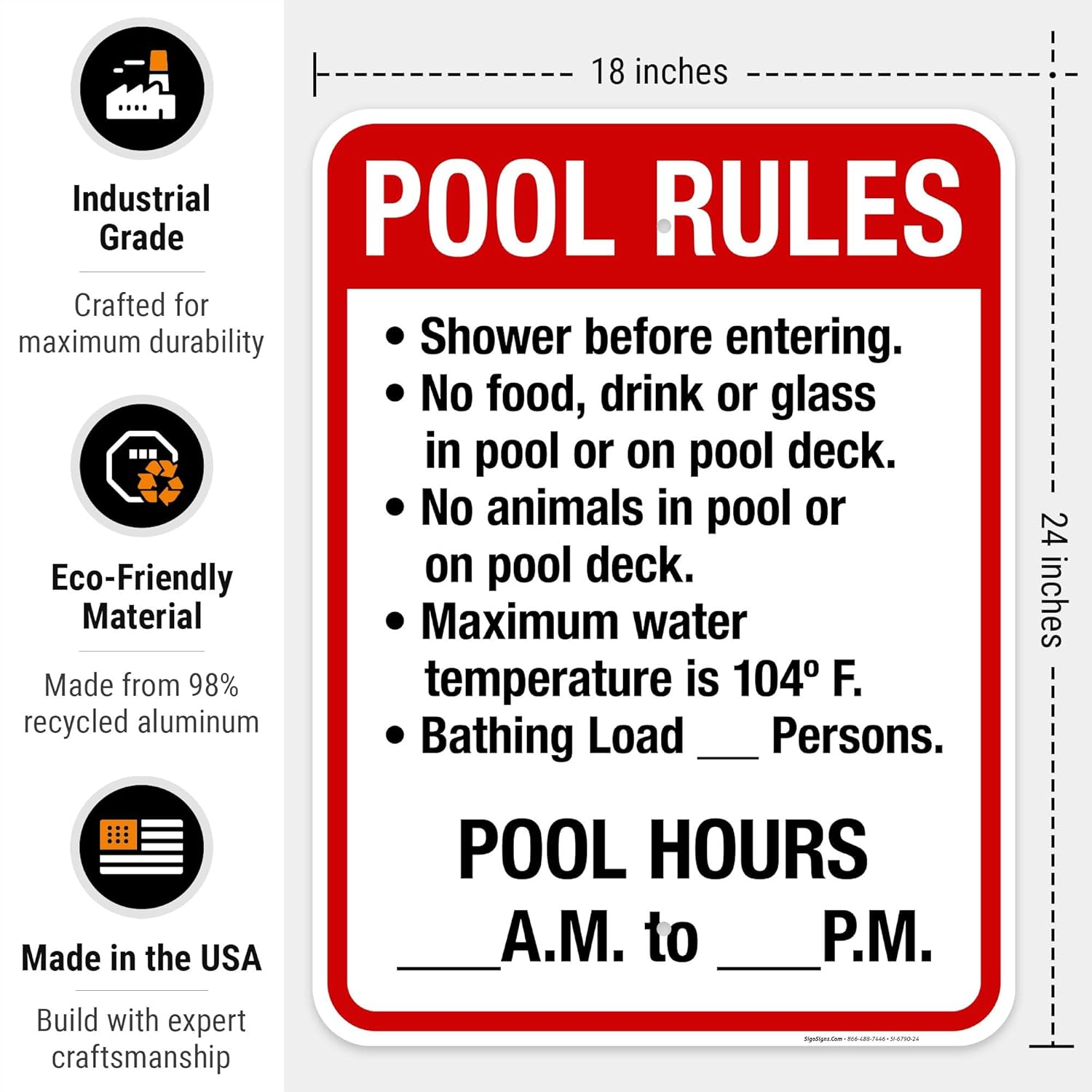 Pool Rules Sign, Pool Sign, (SI-6790) 18x24 Inches, 55 mil Thick HDPS (high Density polystyrene), Made in USA