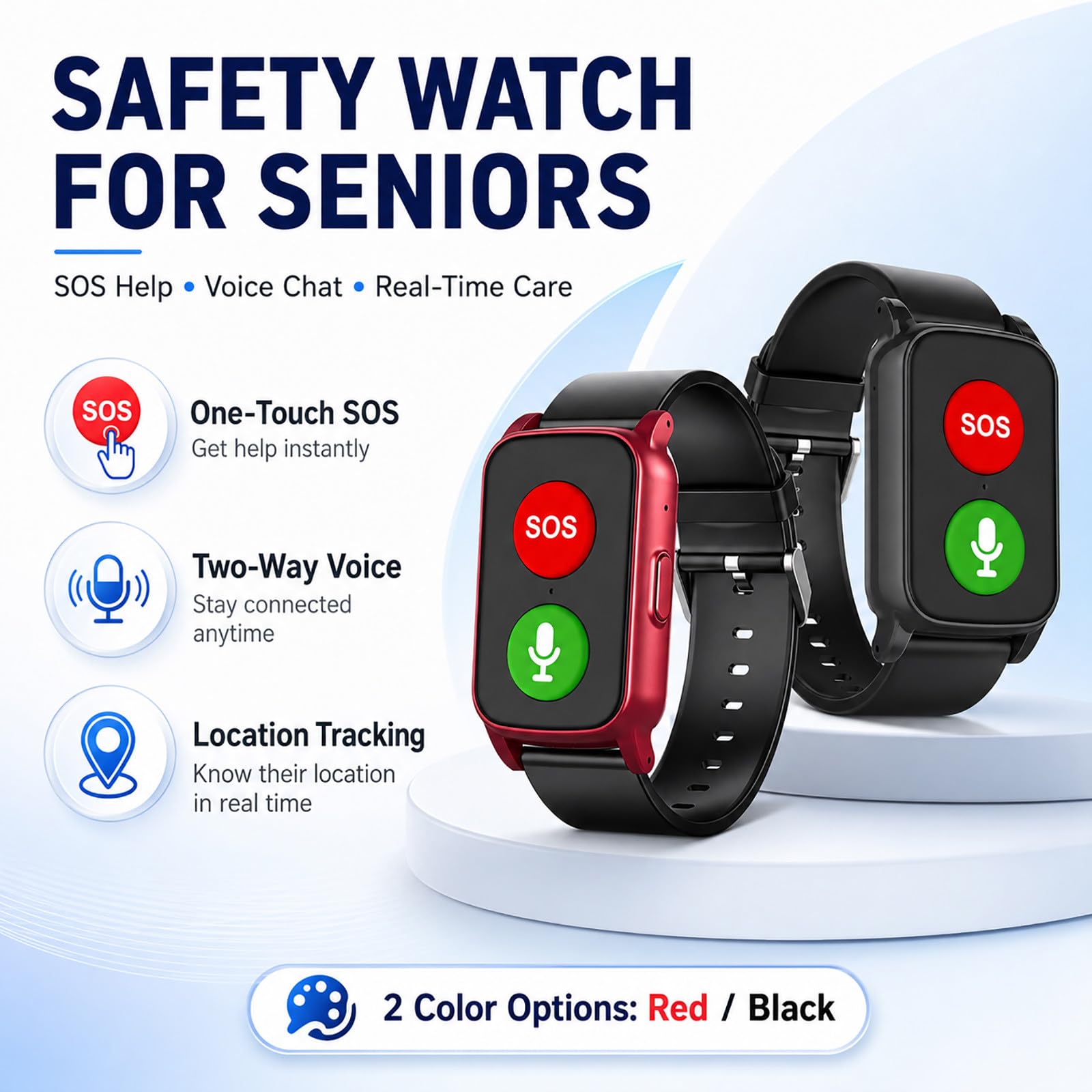 Montre GPS pour Seniors - Bouton SOS, Localisation 4G, Appels Vocaux Bidirectionnels, Alerte de Zone et Alerte de Chute Red