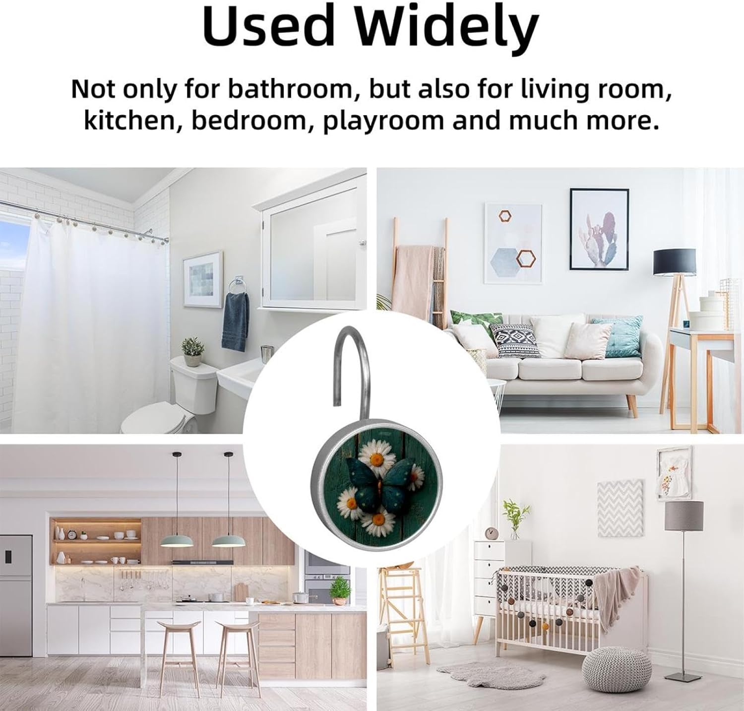 Daisy Butterfly on Rustic Teal Wooden Shower Curtain Hooks Rings, rustproof Stainless Steel for Bathroom Shower Rod, 12 Pack