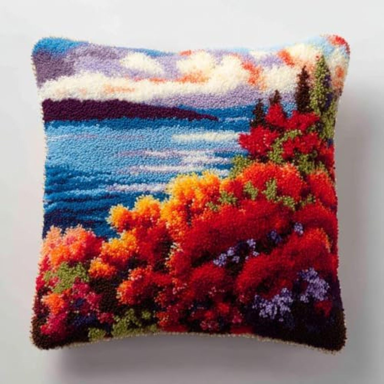 Kitphoenix Multicoloured Diy Latch Hook Cushion Kit Nandina Flowers And Sea Background,Beginner-Friendly Rug Hooking Pillow Kit,Crochet Craft Cushion Cover For Home Decor,43X43 Cm-4