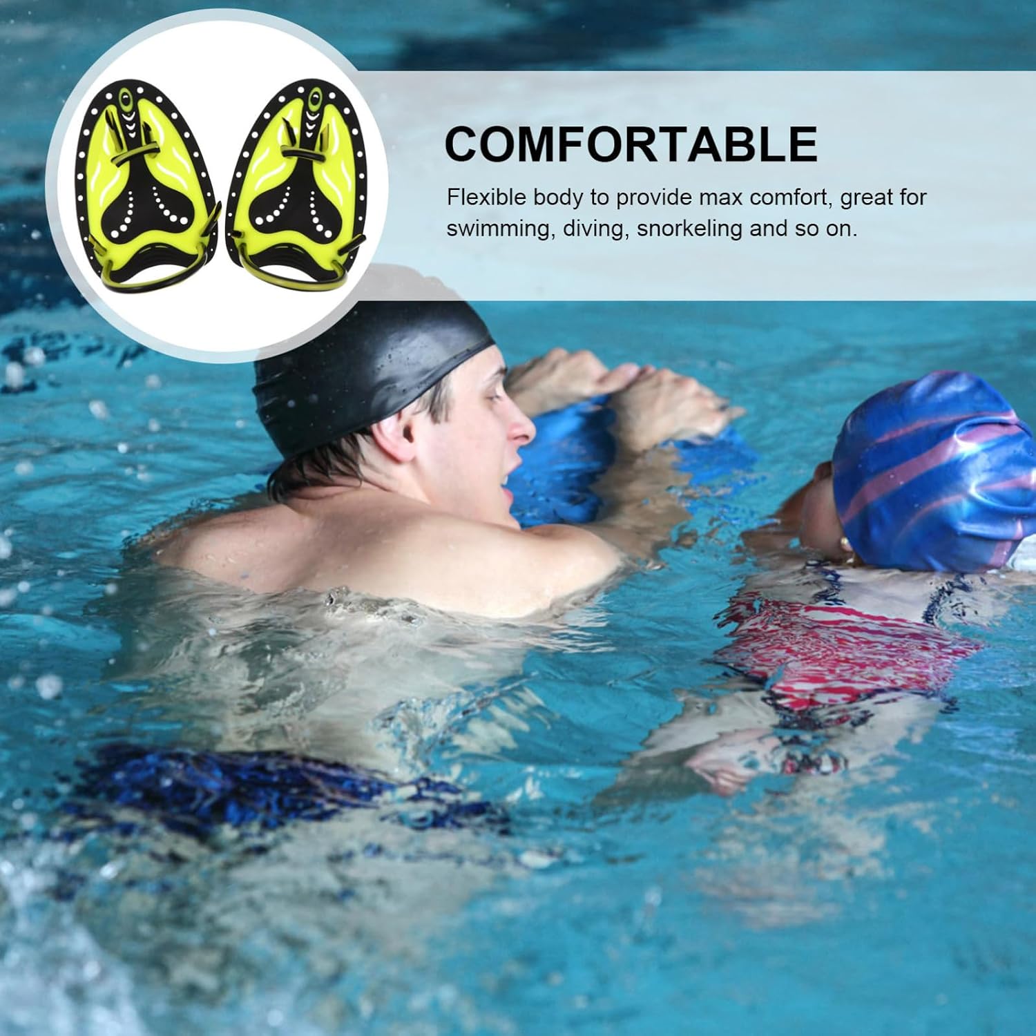 Adjustable Hand Paddles for Swimming Training, 1 Pair Silicone Yellow | Professional Hand Fins, Flexible Body, Ergonomic Shape, Diving and Snorkeling, Child Use