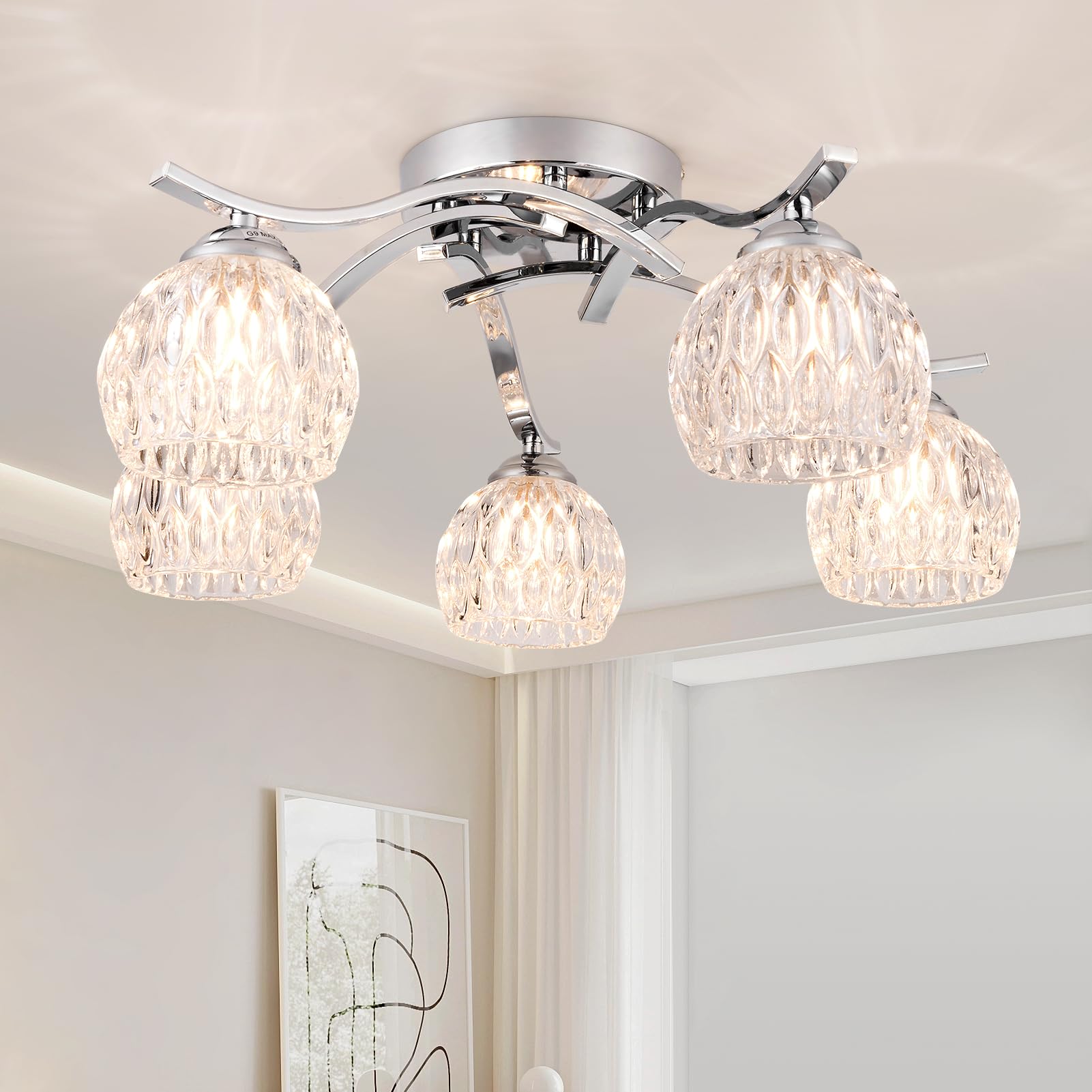 HARPER LIVING 5xG9 Chandelier Ceiling Lights, Modern Semi Flush Ceiling Lights Glass Shade, Polished Chrome Finish Ceiling Lamp, Ideal for Living Room, Bedroom, Kitchen, Hallway, Hotel