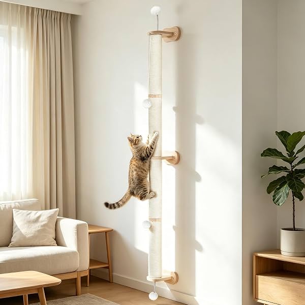 Rascador de pared para gato EMUST, paquete de 2, 66 pulgadas, poste de sisal alto para gatos grandes | Mueble de pared para gato que ahorra espacio con juguete de pelota colgante, hasta 44 libras, diseño minimalista moderno para departamento