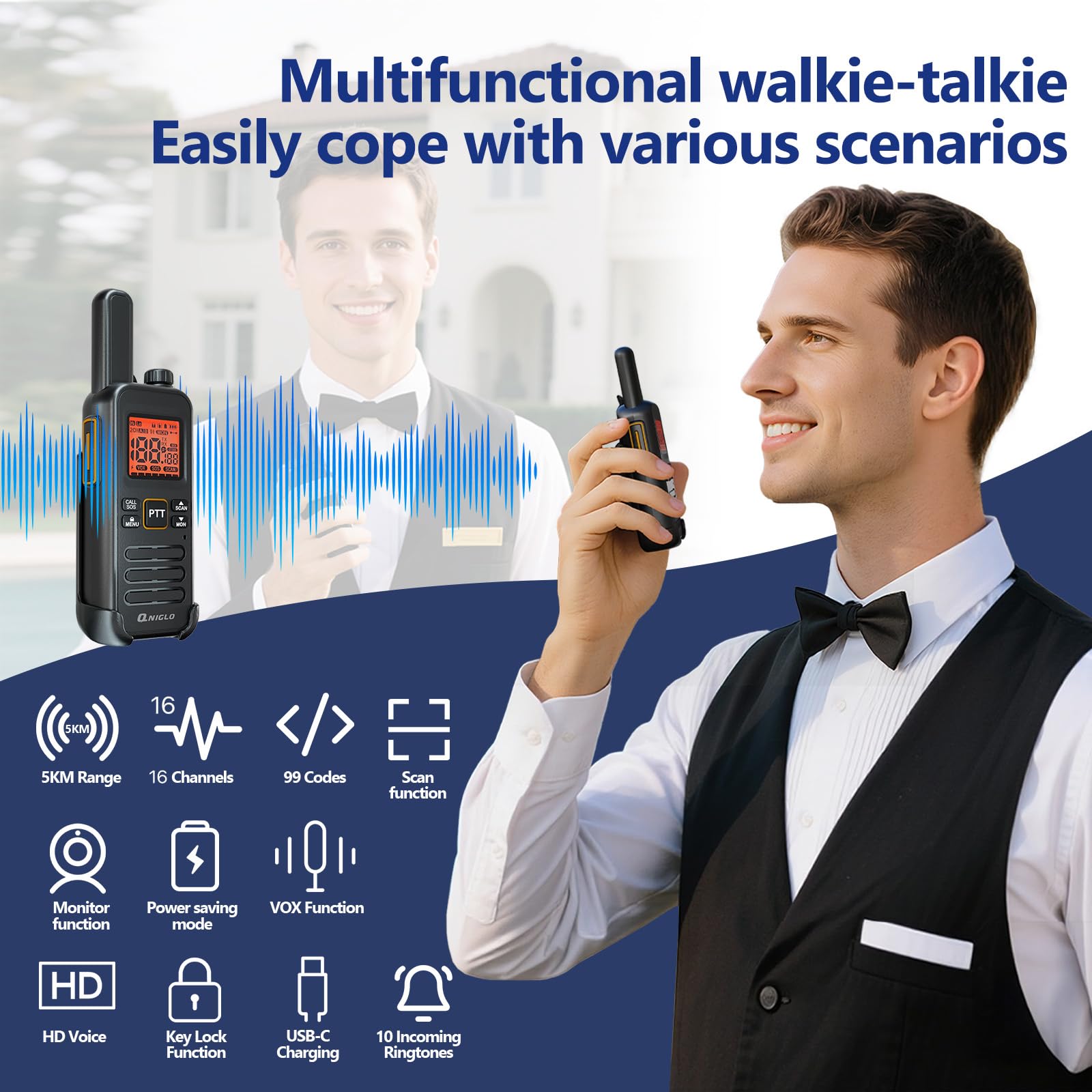 Talkie Walkie PMR446 Longue Portée 5 KM Rechargeable USB-C VOX SOS 2 Pcs