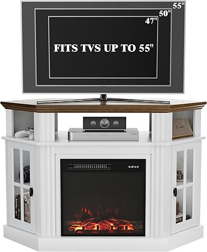 Miniatura 7 de Furmax Soporte esquinero para TV de hasta 55 pulgadas, consola de TV moderna con chimenea eléctrica de 18 pulgadas, centro de entretenimiento con