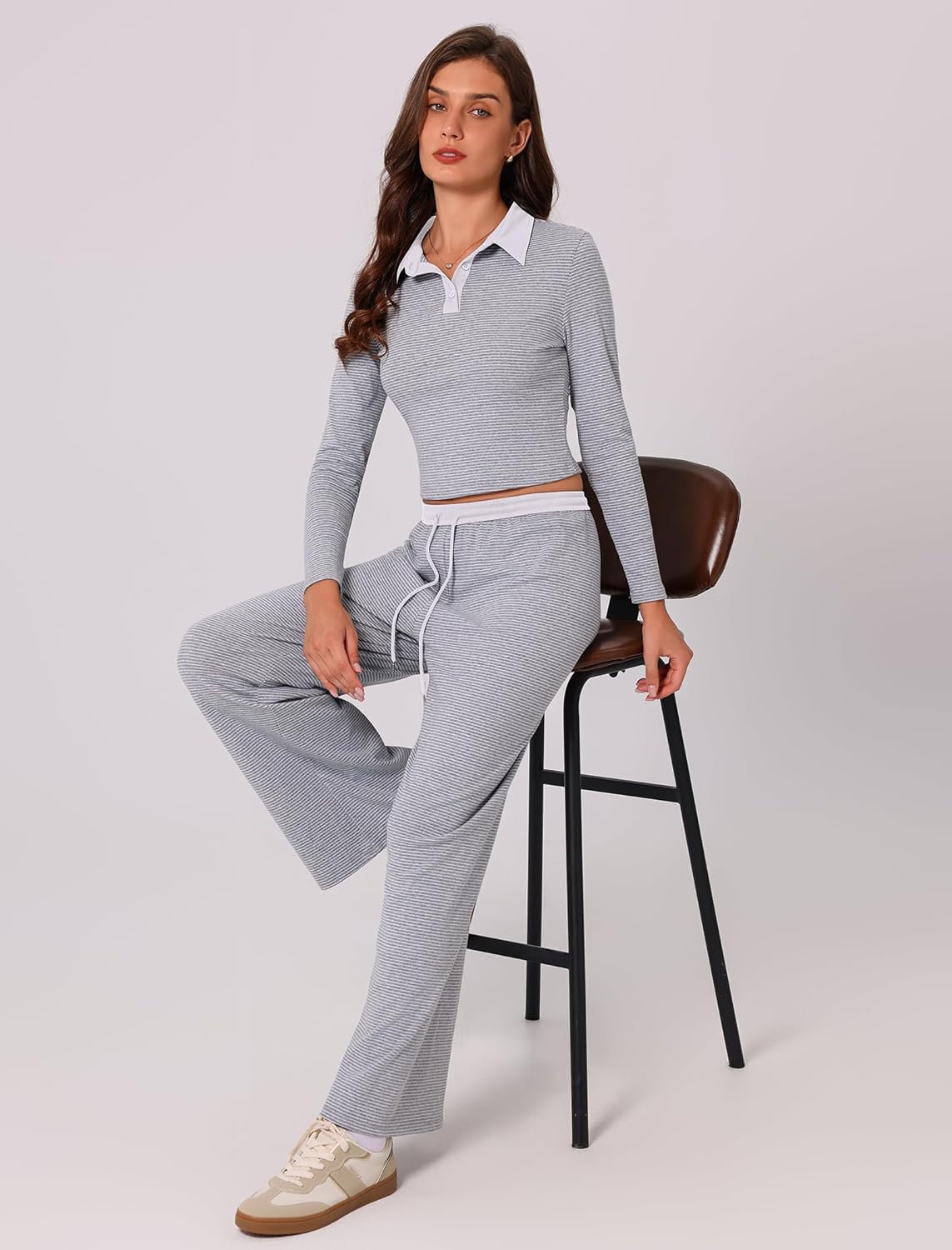 ABOCIW Women's Cotton Striped Wide Leg Pants Casual Drawstring Elastic Low Rise Loung Pants Pajama Trousers - Image 6