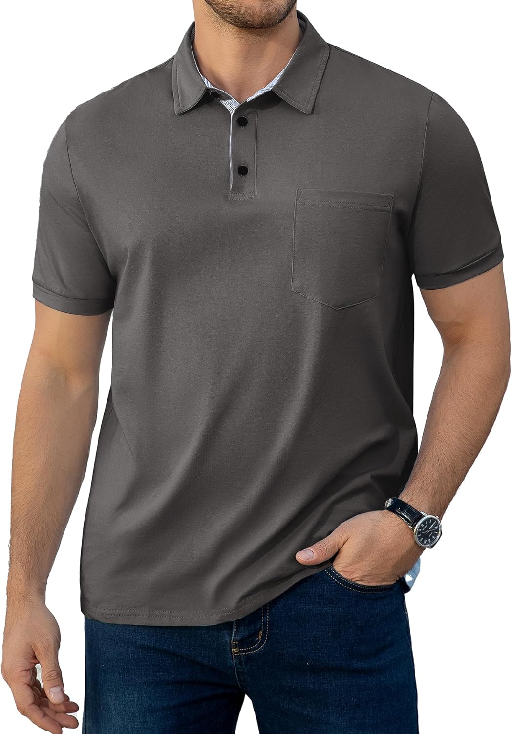 LuxMania Men's Casual Polo Shirts Summer Short Sleeve Contrast Stripe Collared Golf Polos Tee Shirt with Pocket