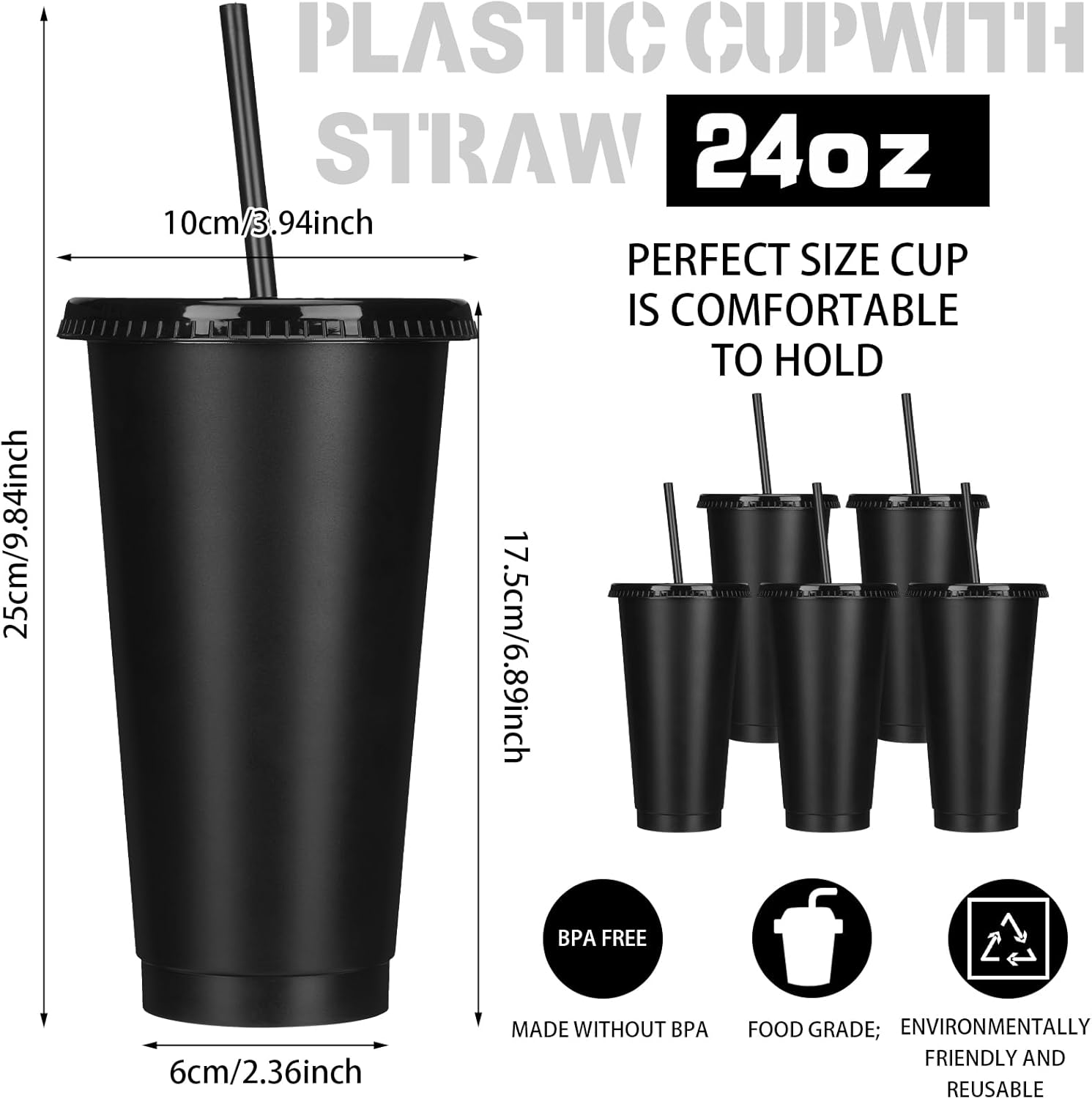 Bokon 60 Sets Tumbler with Straw and Lid Bulk 24 oz Reusable Plastic Cups with Lids and Straws Water Bottle Travel Mug Cup Tumblers Bulk for Cold Hot Drinks Parties Birthdays Adults(Black) - Image 2
