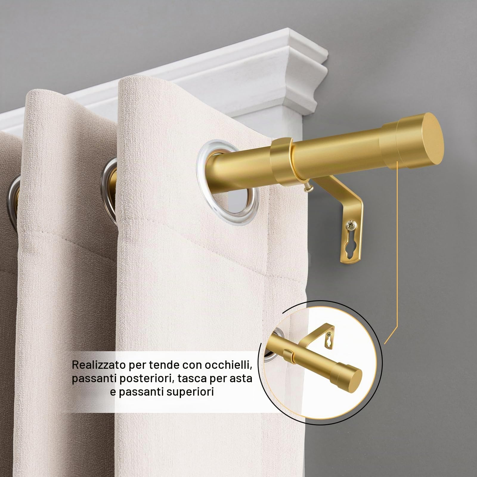BellaHills 1 Pezzi 76-190cm Bastone Tenda, Asta Per Tende Bastone Per Tenda Da Interno in Diametro 25mm, Moderni Bastoni Per Tende Allungabili Con Staffe Per Camera Da Letto Soggiorno, Oro