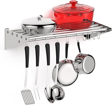 12"x24" Stainless Steel Wall Mount Shelf with 10 S Hooks NSF Certified 210 lb Metal Kitchen Rack for Restaurant Kitchen Utility Room Garage