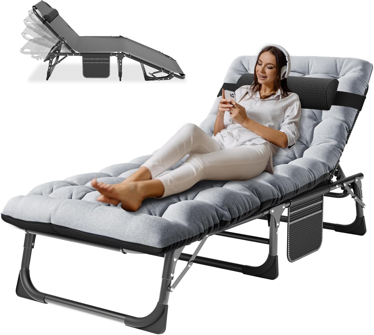 Barbella Folding Lounge Chair 5-Position, Folding Cot, Portable Outdoor Folding Chaise Lounge Chair for Sun Tanning, Perfect for Pool Beach Patio Sunbathing, Onesize, Cool Gray