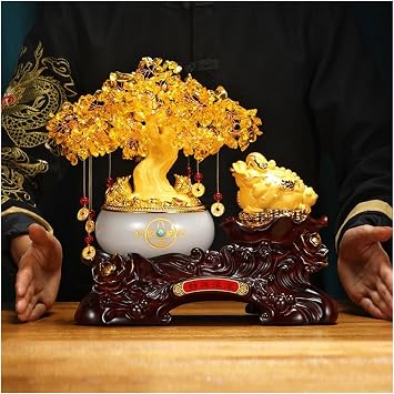 Ornament Feng Shui Money Frog Crystal Tree Decoration, Lucky Toad Decorations, Natural Citrine Gemstone Bonsai, Large Chakra Money TreeSmall