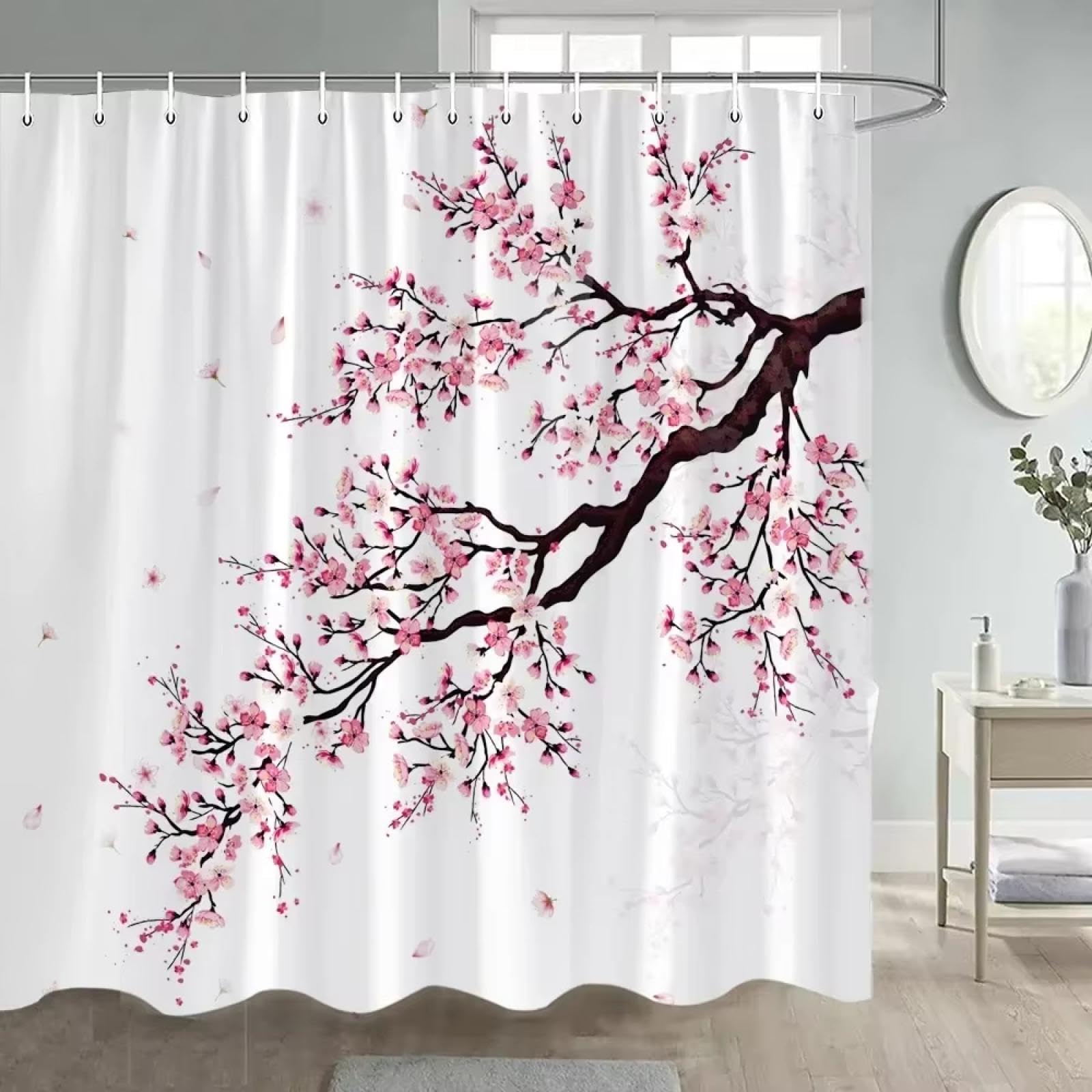 Rideau de douche fleurs roses motif cerisier japonais en polyester imperméable pour salle de bain