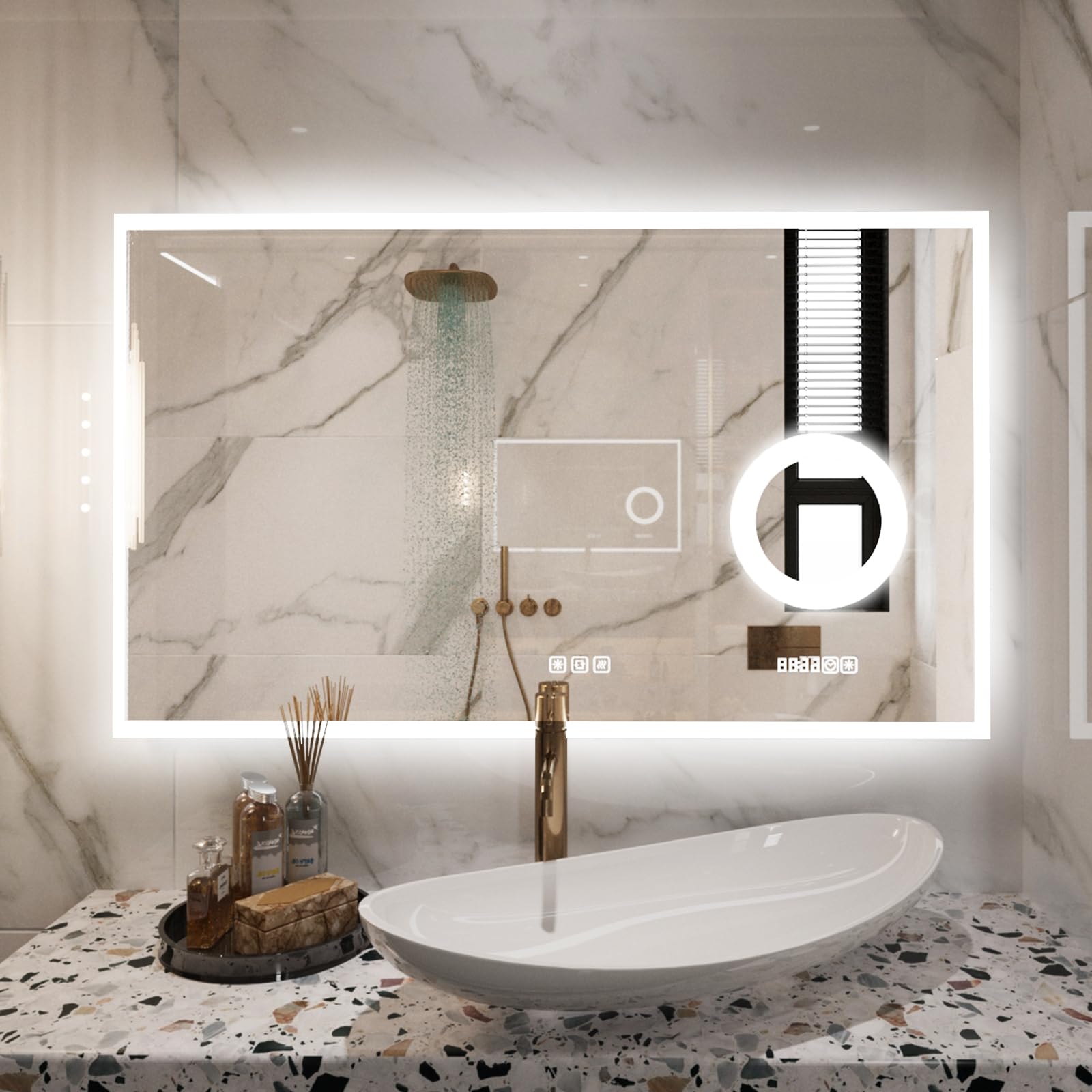 furduzz LED-Badezimmerspiegel mit 3-facher Vergrößerung, 800x600 mm Wandspiegel mit Beleuchtung, dimmbar, Digitaluhr, Temperatur, 3 Farben, Antibeschlag, Memory-Funktion, beleuchteter Schminkspiegel
