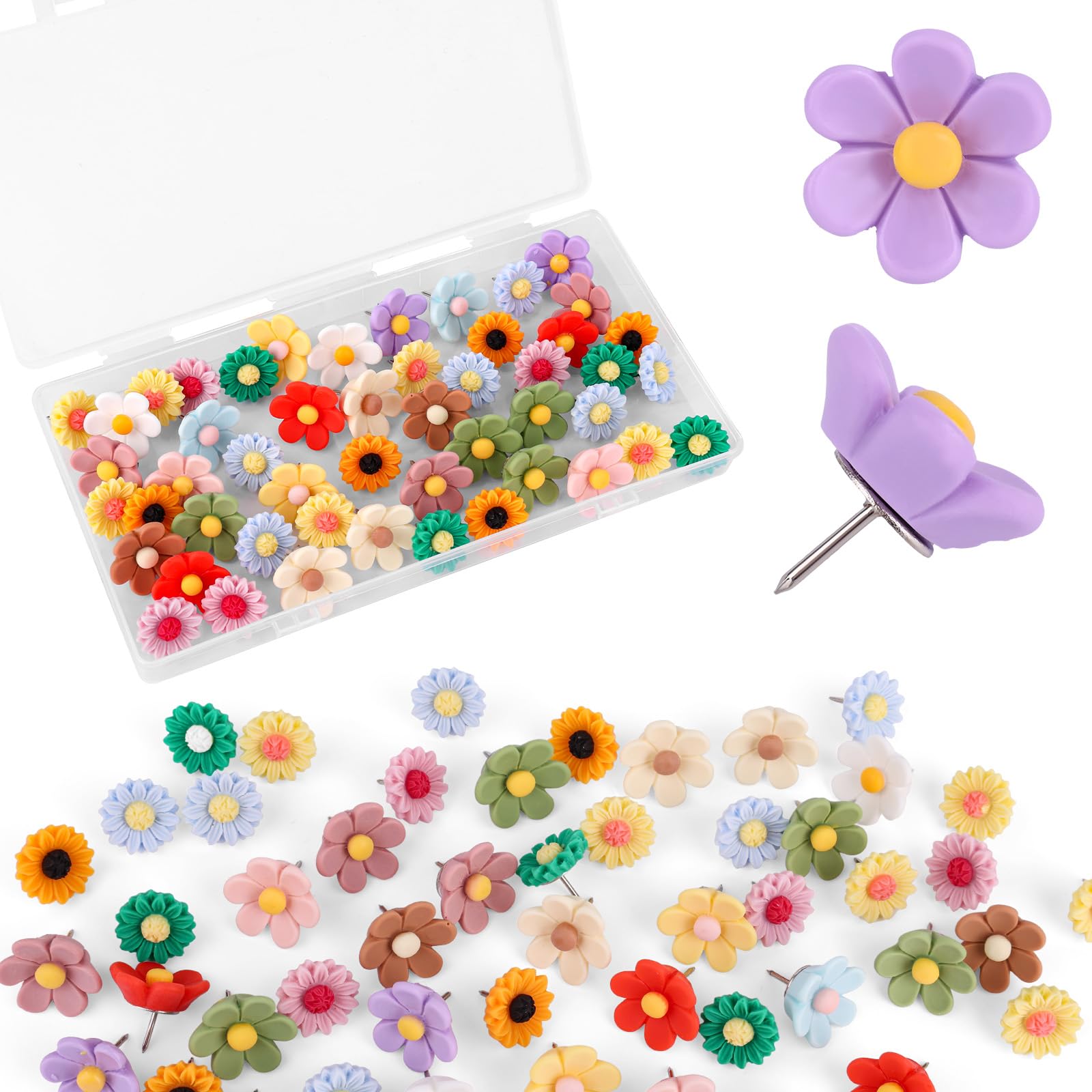 50pcs Colorful Flower Push Pins, Thumb Tacks for Corkboards Wall Notice