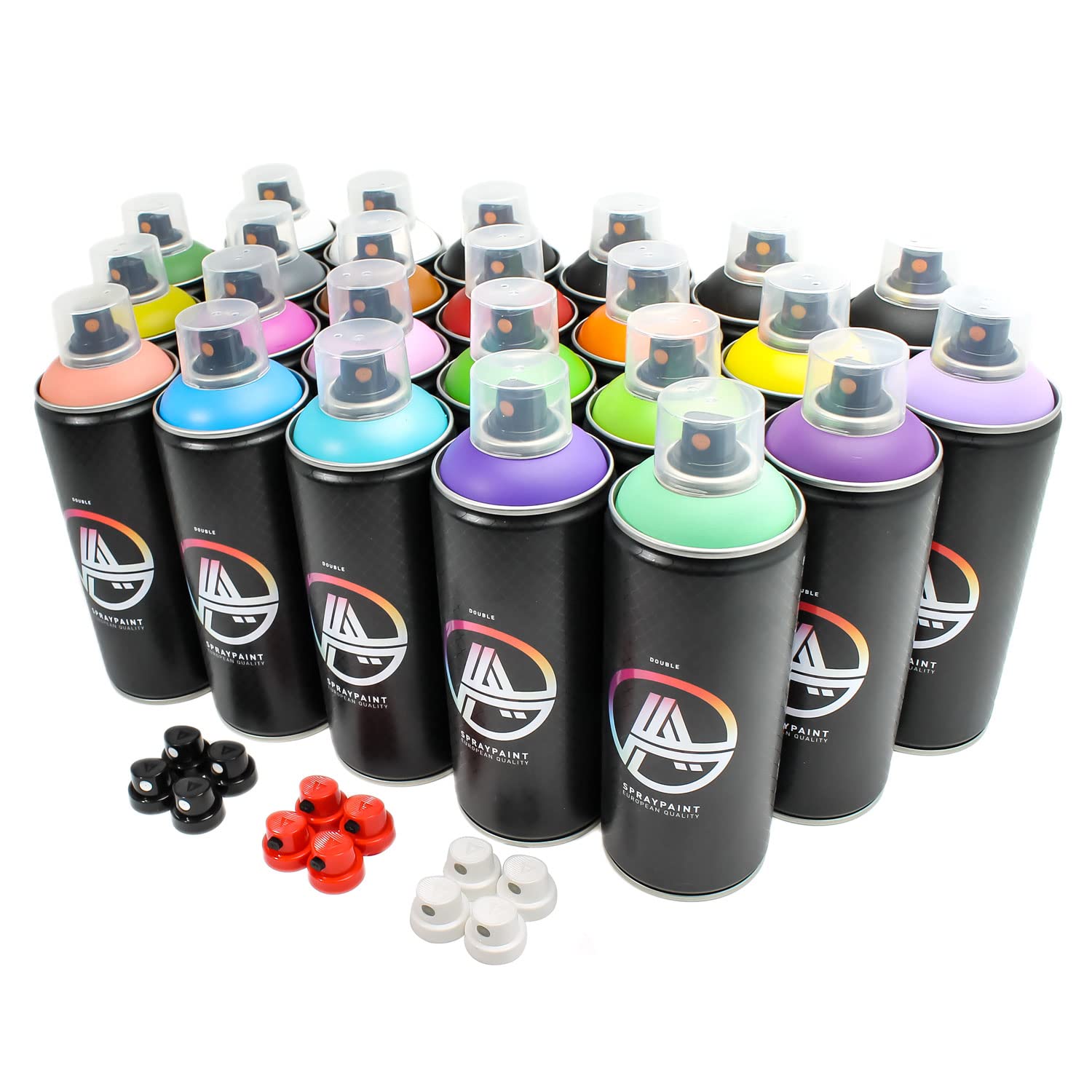 Sprühdosen Set, Paket Multicolor, 24 Spraydosen 400ml + Sprühaufsätze