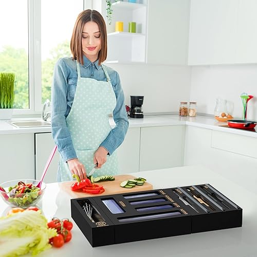 Miniatura 6 de DALSHABET Organizador de cajones de bambú 9 en 1 con cortador, papel de aluminio y plástico para almacenamiento de cocina, compatible con todas las