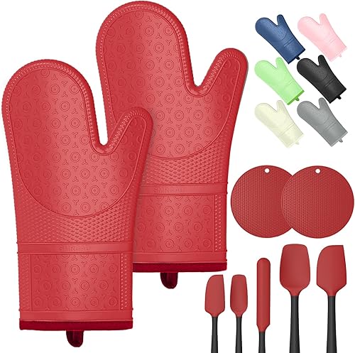 Miniatura 7 de Manoplas largas para horno con almohadillas calientes resistentes al calor y cinco espátulas de silicona diseñadas para cocina, hornear, cocinar,