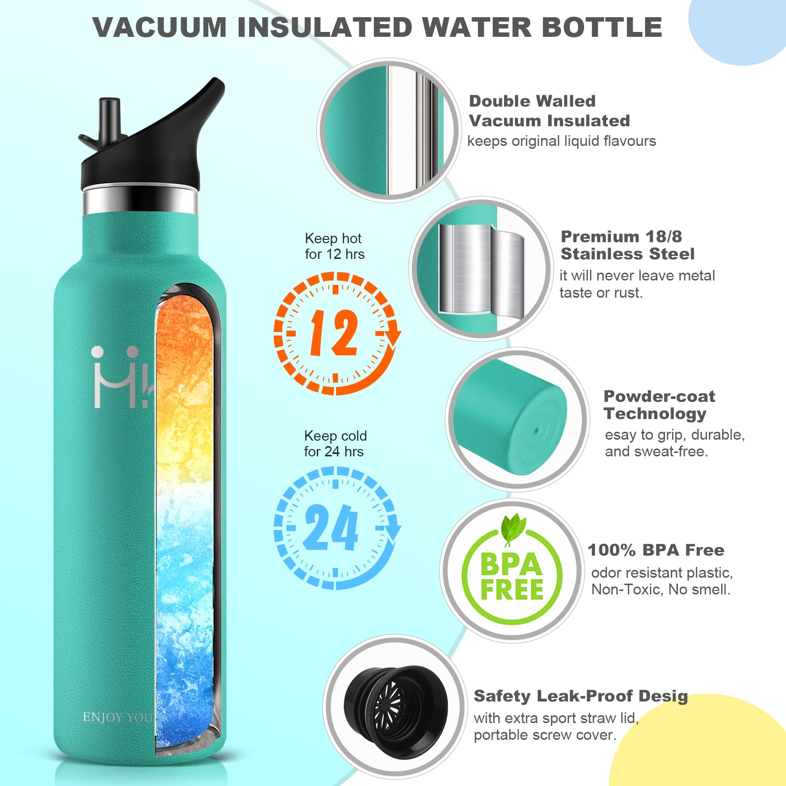 HoneyHolly Insulated Water Bottle 1L Stainless Steel Double Walled BPA Free with Straw, Emerald Green - 1 Litre, 1000 ml - Image 2