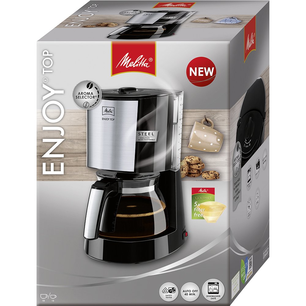 Melitta Enjoy Top – Filterkaffeemaschine mit Glaskanne, für bis zu 10 Tassen, in Schwarz/Edelstahl
