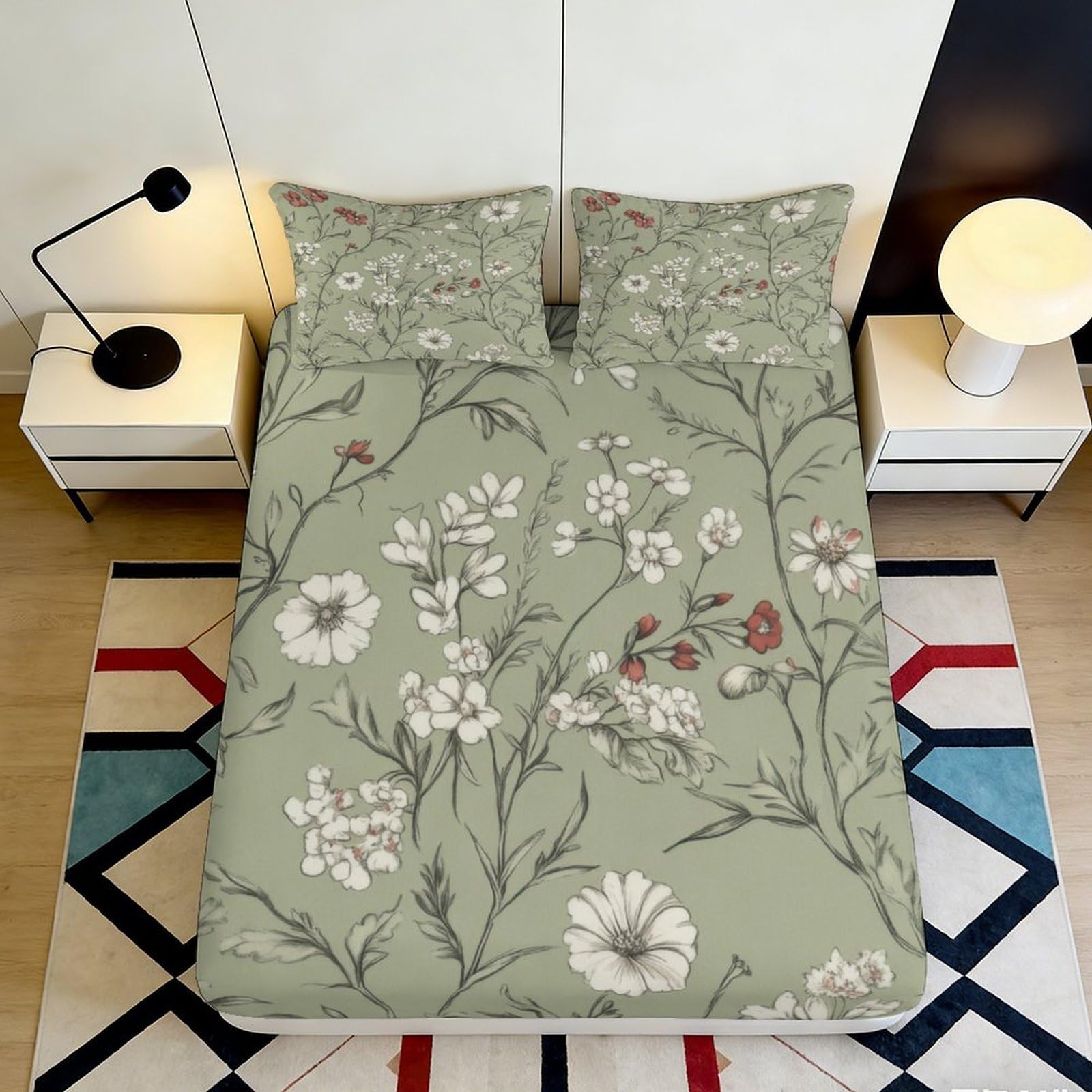 3D Printed Botanical Fitted Sheet, Green Floral Microfiber, Soft Touch, Wrinkle Resistant, Bed Cover for Bedroom, Guest Room, Apartment Bedding, Easy Care, 120x200cm 90x200x25cm