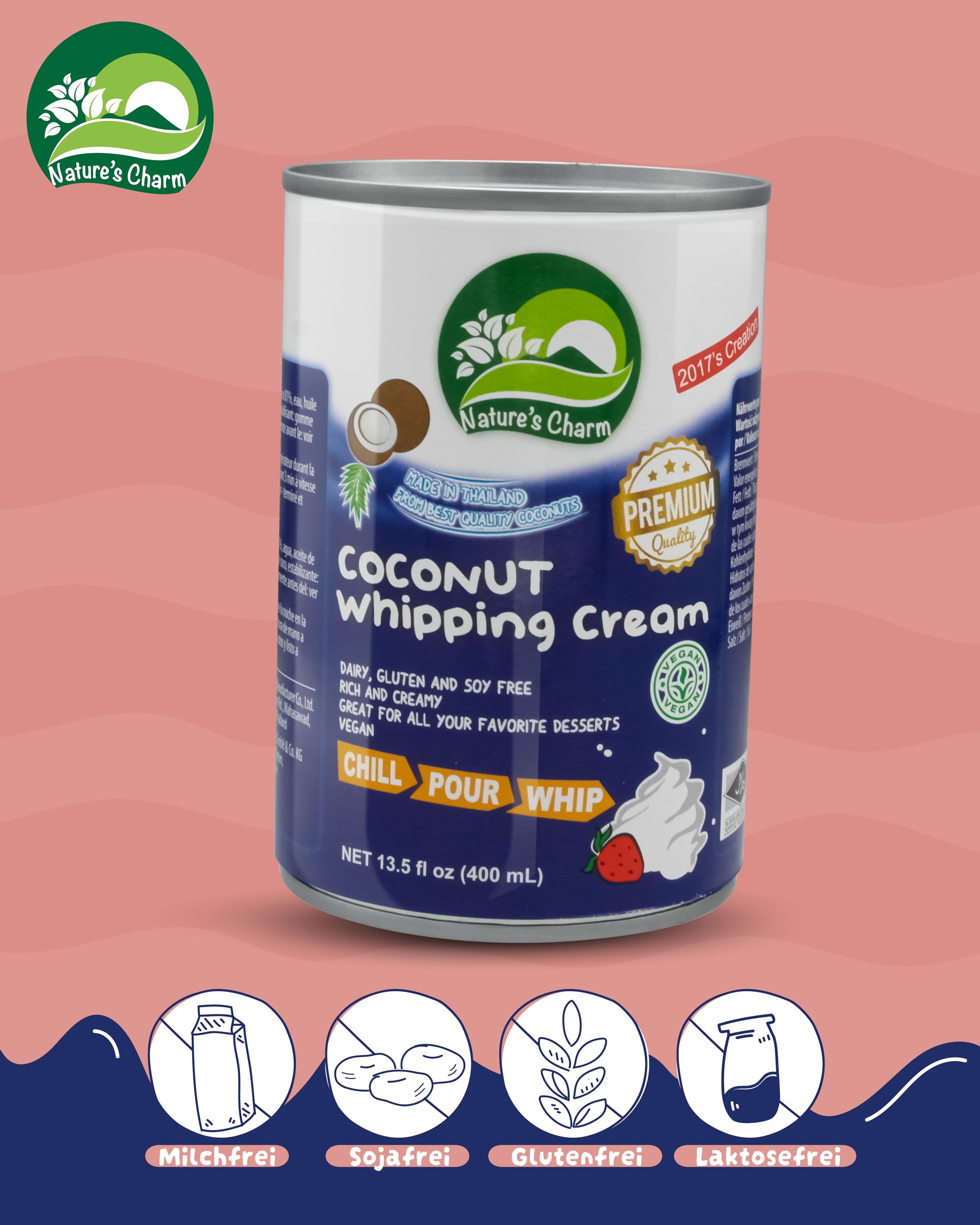 Nature’s Charm Kokosnussmilch zum Aufschlagen I Vegane Kokosmilch I Ideal zum Backen, für cremige Desserts und süße Rezepte I 6 x 400 ml