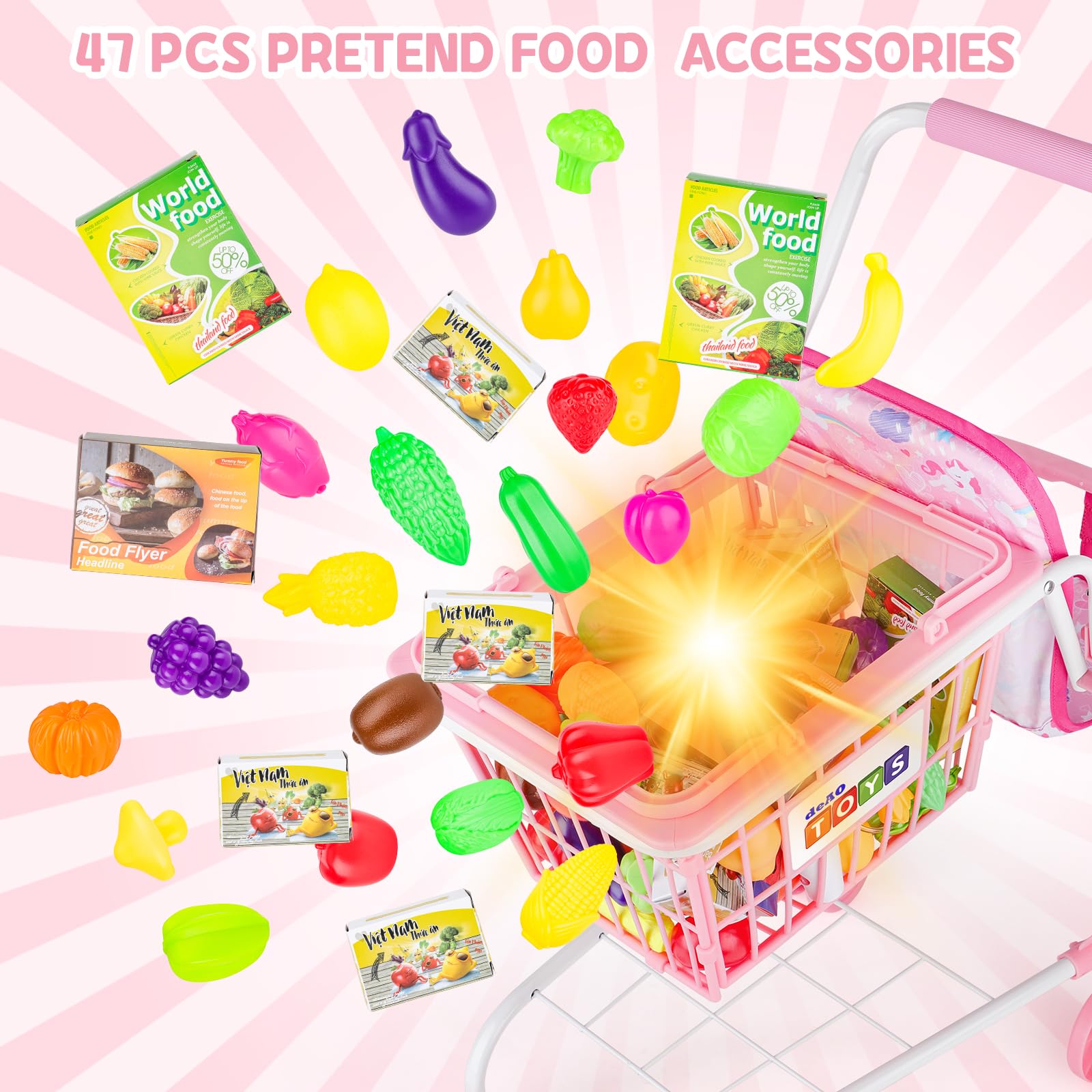 deAO Chariot de Courses pour Enfants 3 Ans+, Caddie Jouet avec Siège pour Poupée, 31 Aliments Jouets Billets Argent, Sac à Provisions, Jeu de Rôle Magasin, Cadeau Enfant Rose
