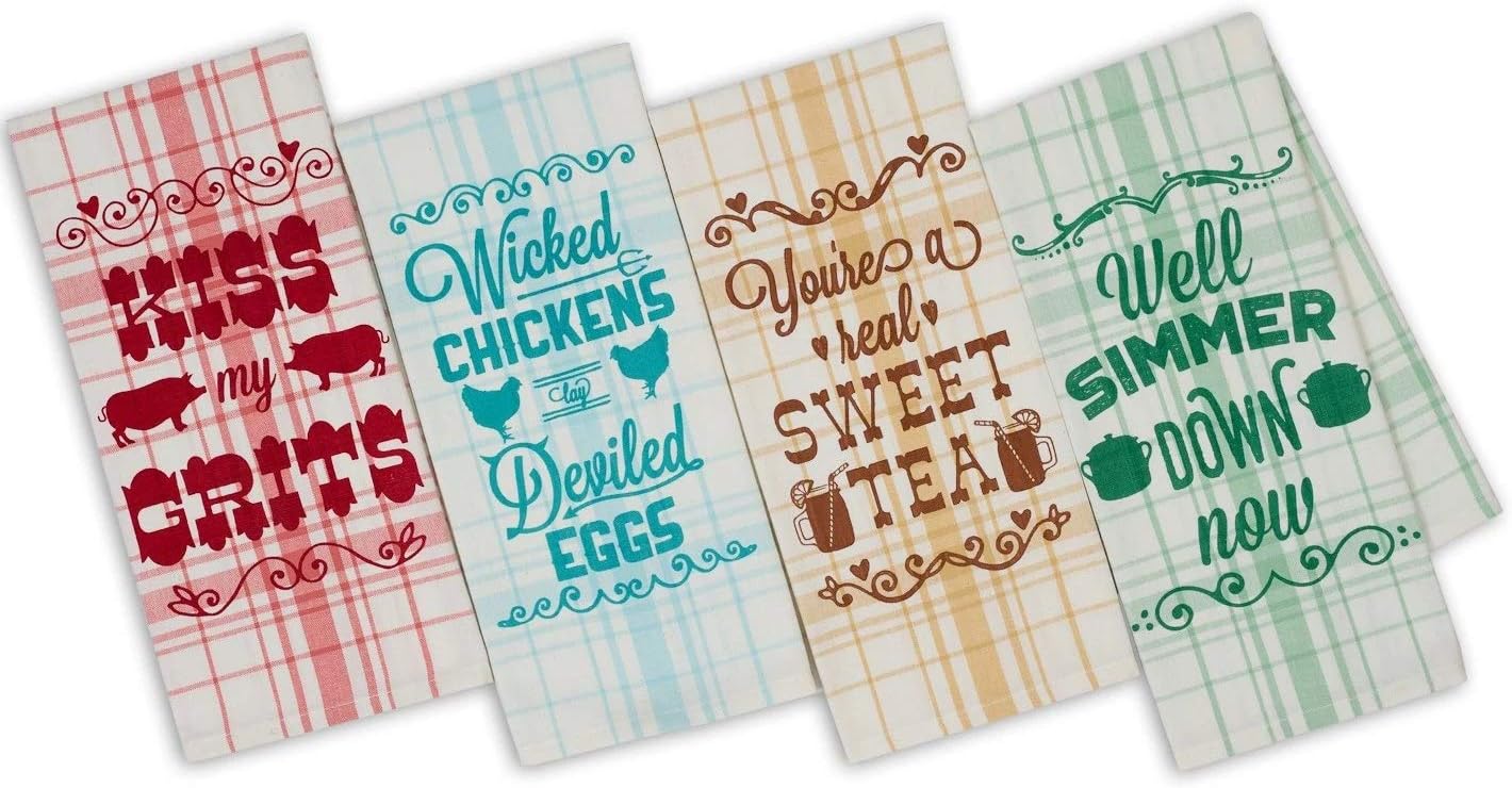 Generic Southern Sass 4 Piece Kitchen Towel Bundle-Kiss My Grits,Wicked Chickens Lay Deviled Eggs,You're a Real Sweet Tea,Well Simmer Down Now