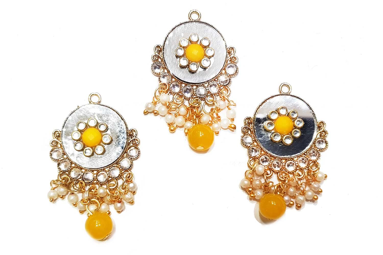 Mohan Shoppe Mirror and Beads Work Fancy Metal Buttons for Ladies Suits, Kurtis, Jewelry Making etc.. Package of 3 Pieces (Yellow)
