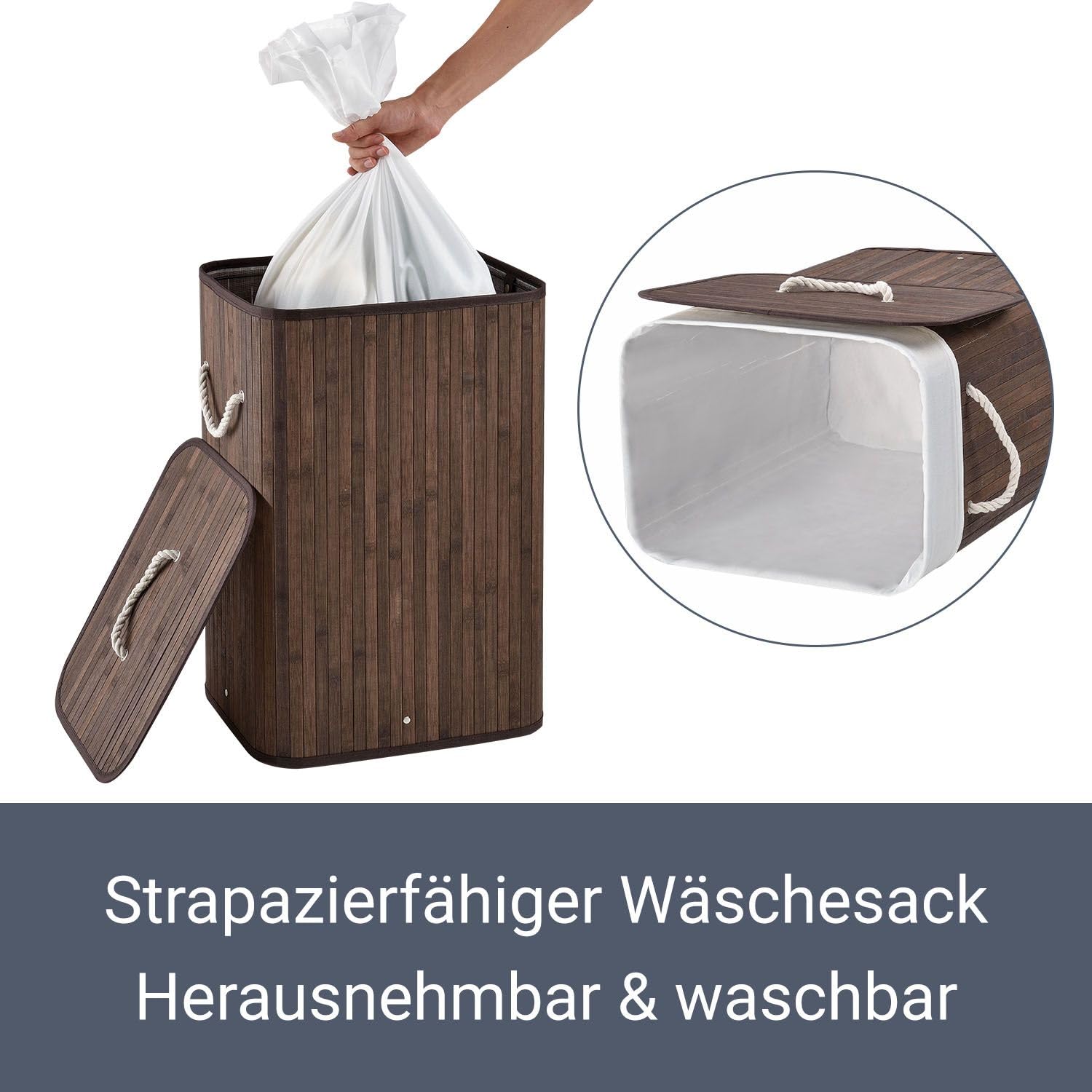Wasmand - 100L Wasbare En Hygiënische Grote Wasmand Met Uitneembare Waszak Wasmand Met Deksel Bamboe Rand Wasboxen Wasmand